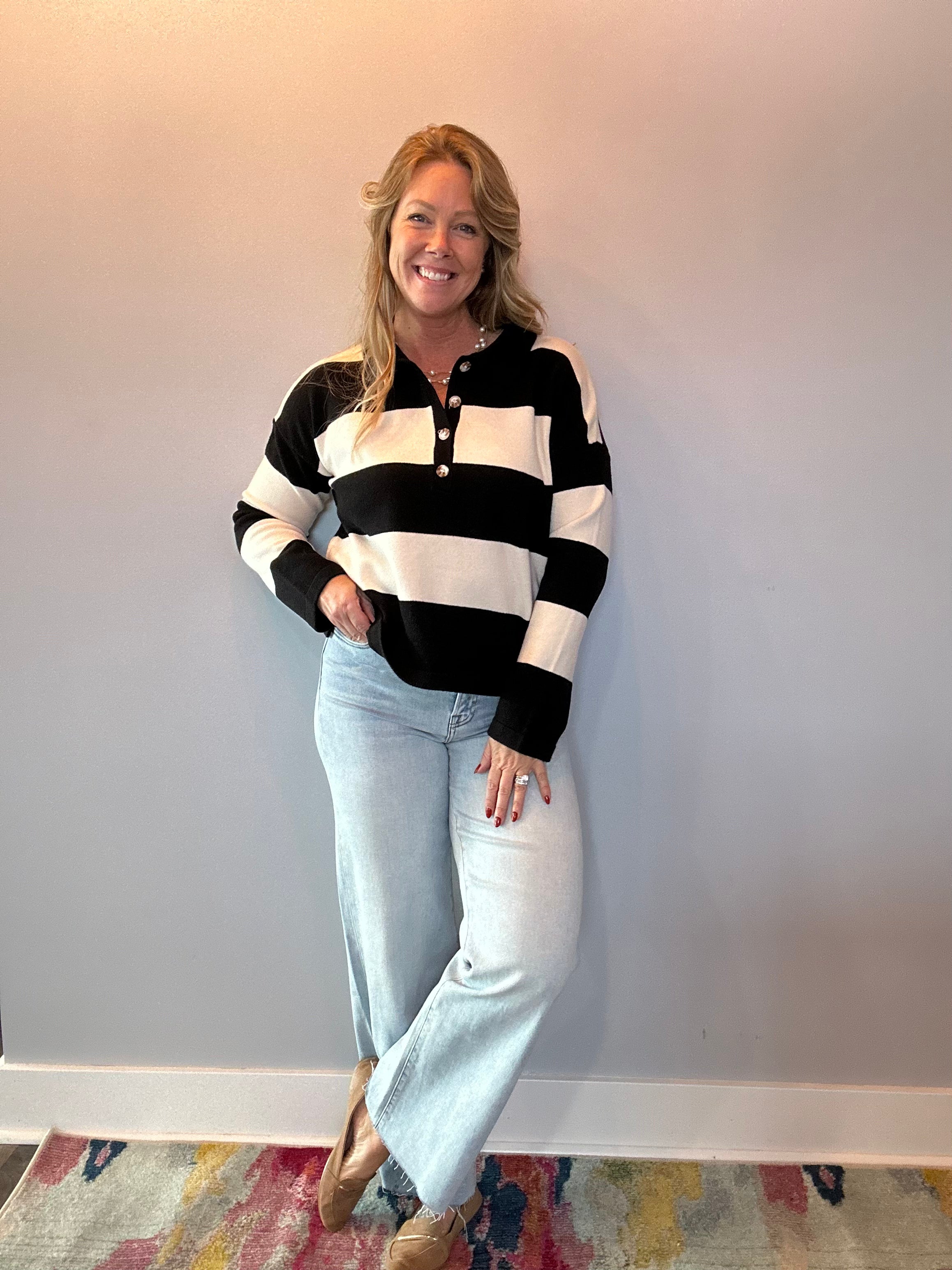 Striped Sweater With Polo Collar Detailing