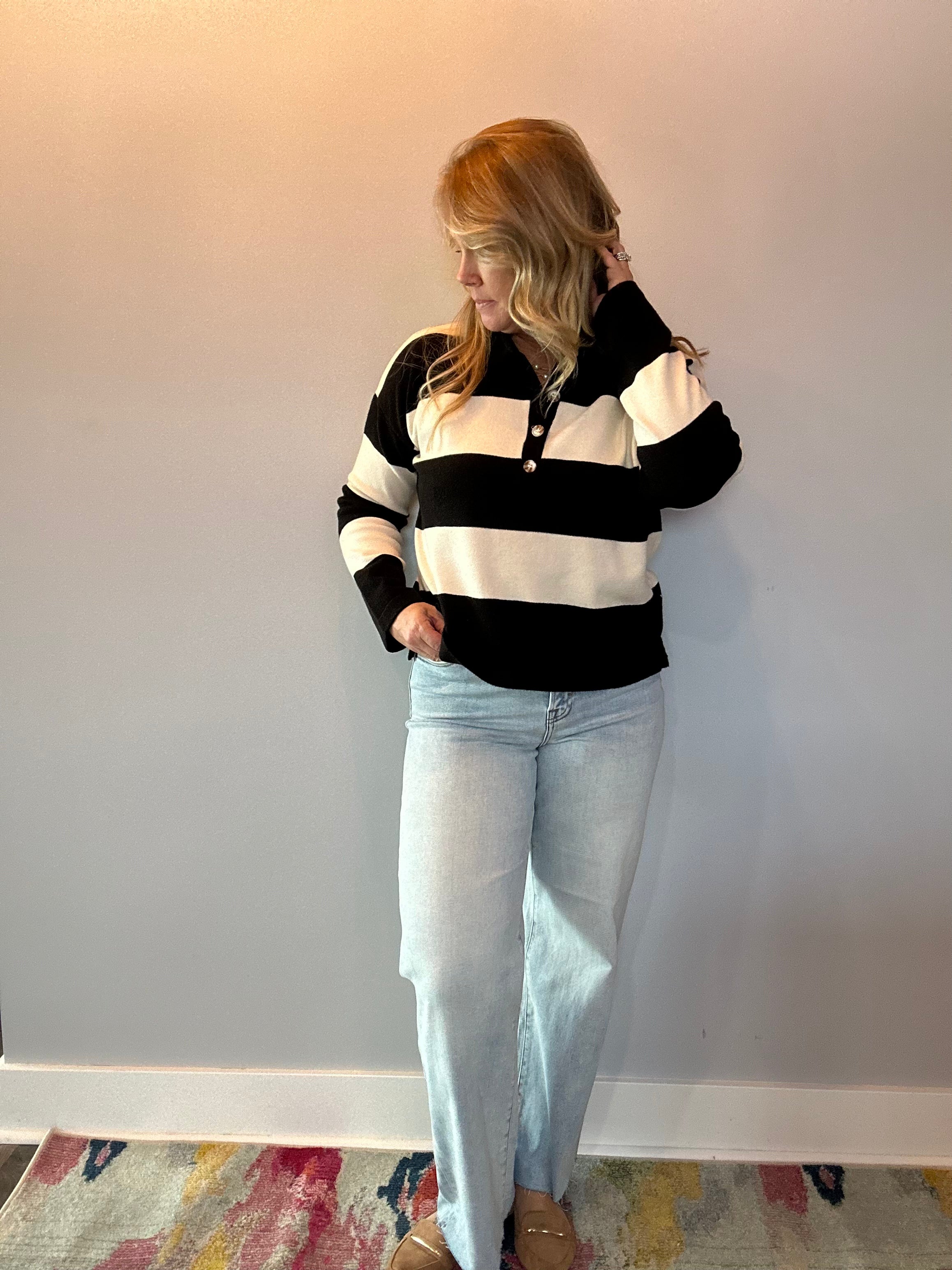 Striped Sweater With Polo Collar Detailing