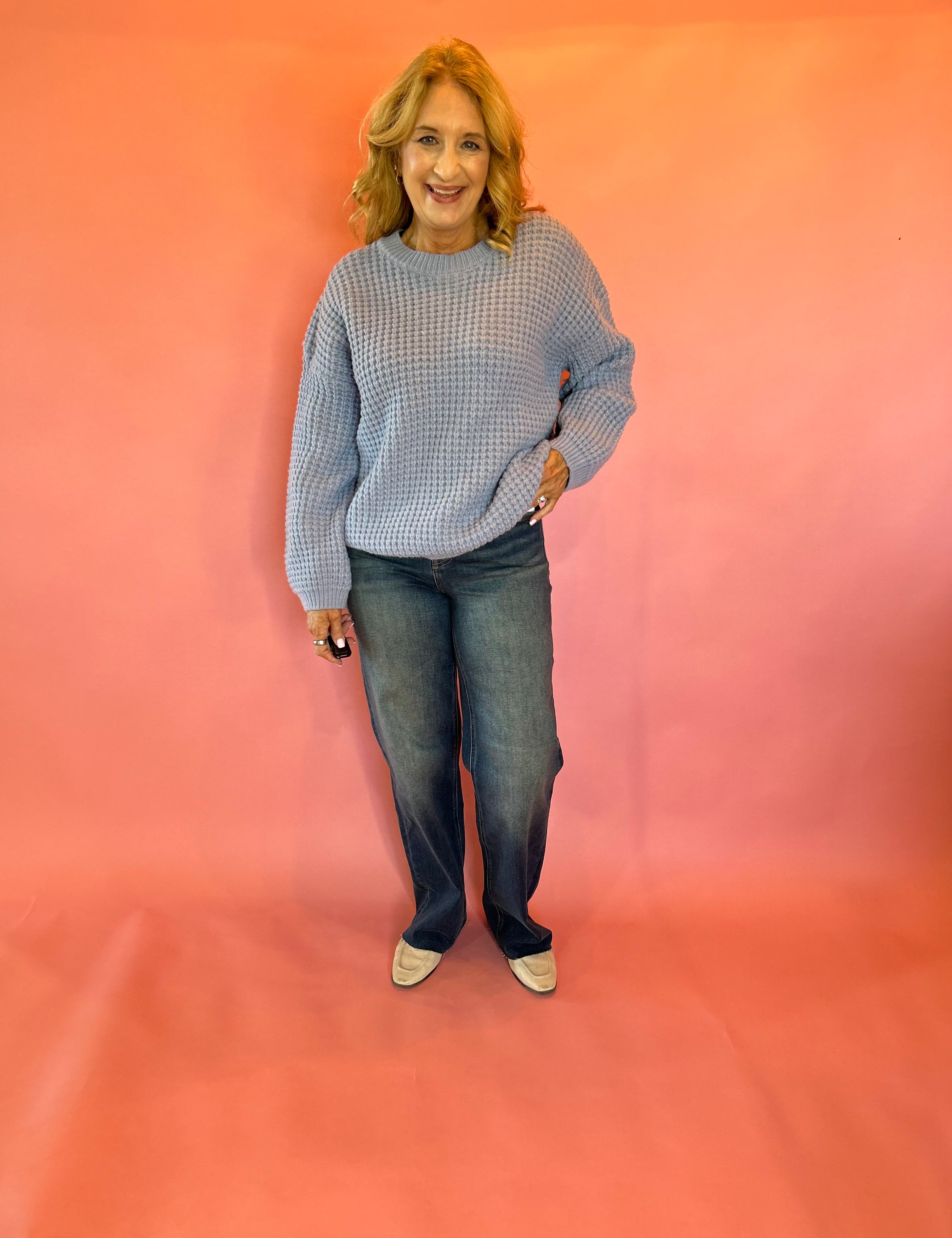 Sweet Daydream Waffle Knit Crew Neck Sweater