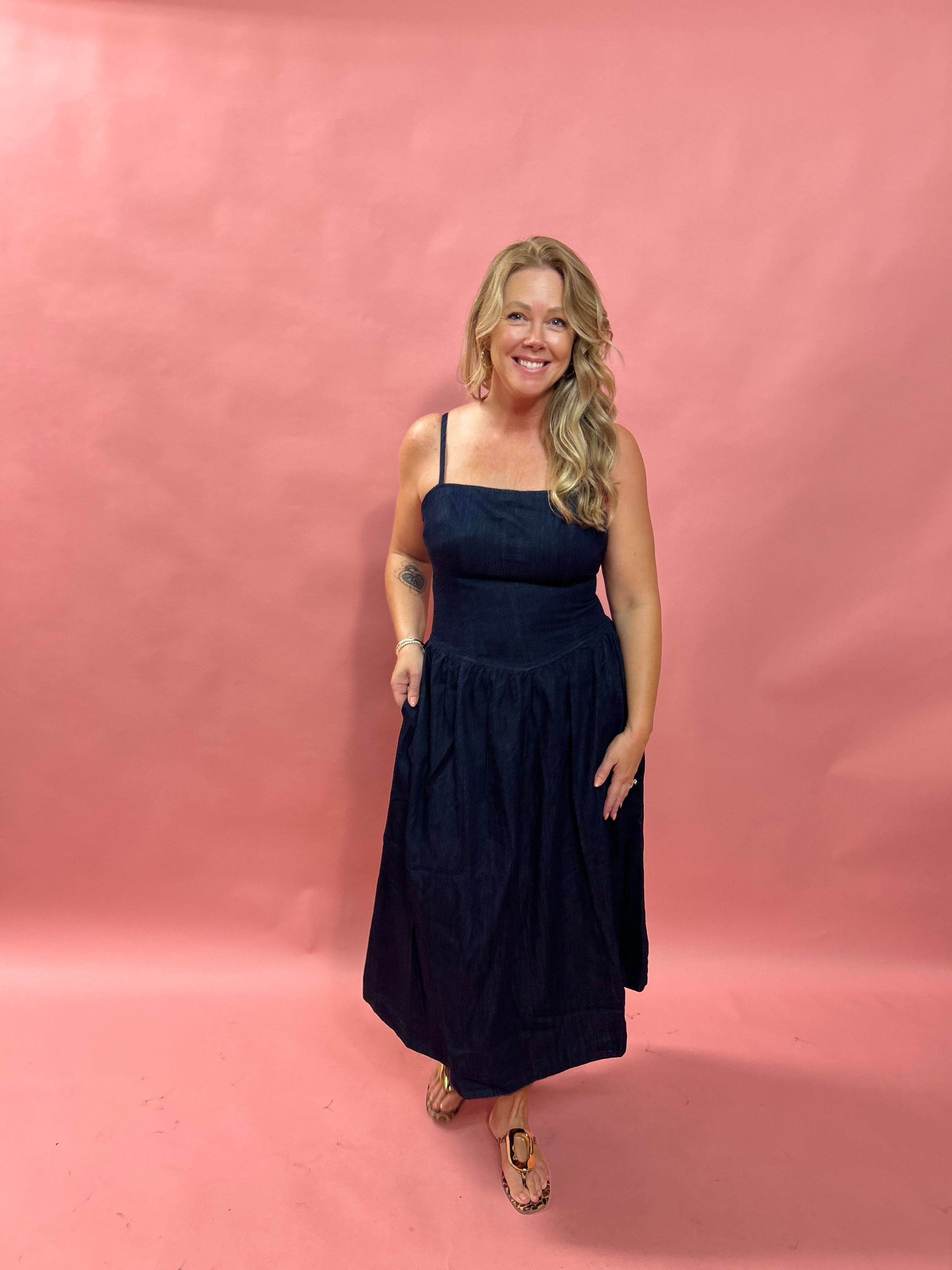 The Emerson Midi Pointed Waist Denim Dress