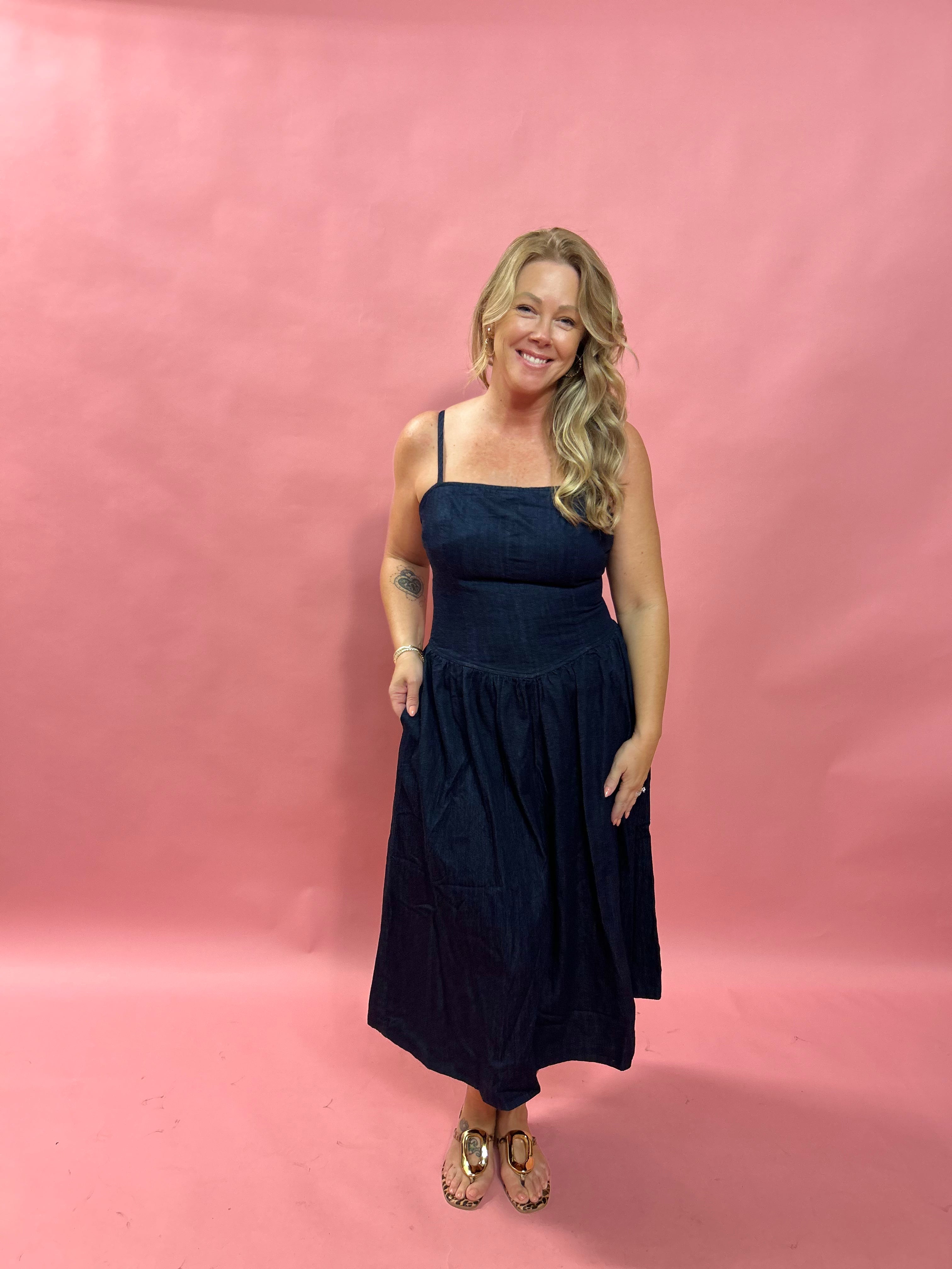 The Emerson Midi Pointed Waist Denim Dress
