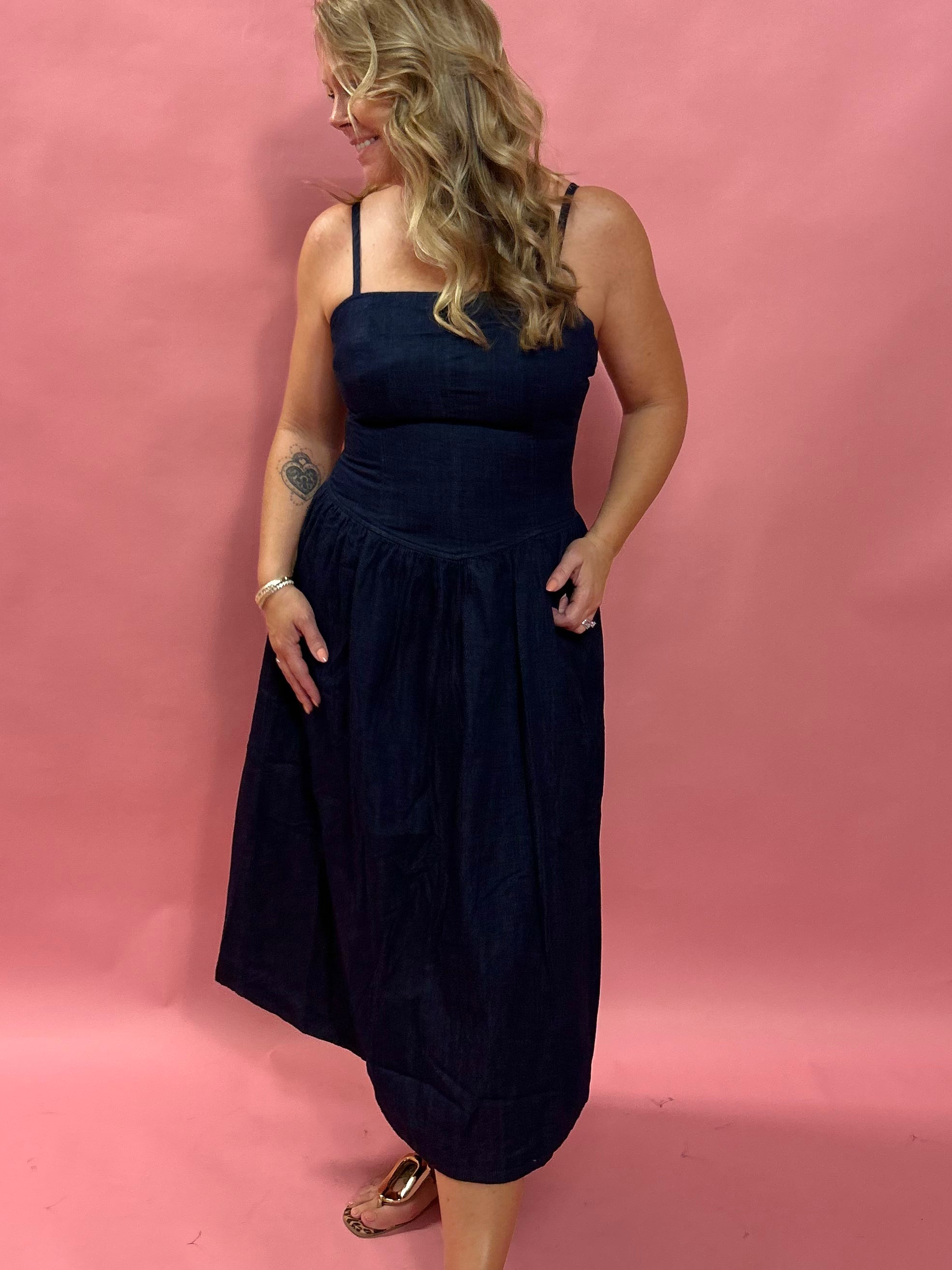 The Emerson Midi Pointed Waist Denim Dress