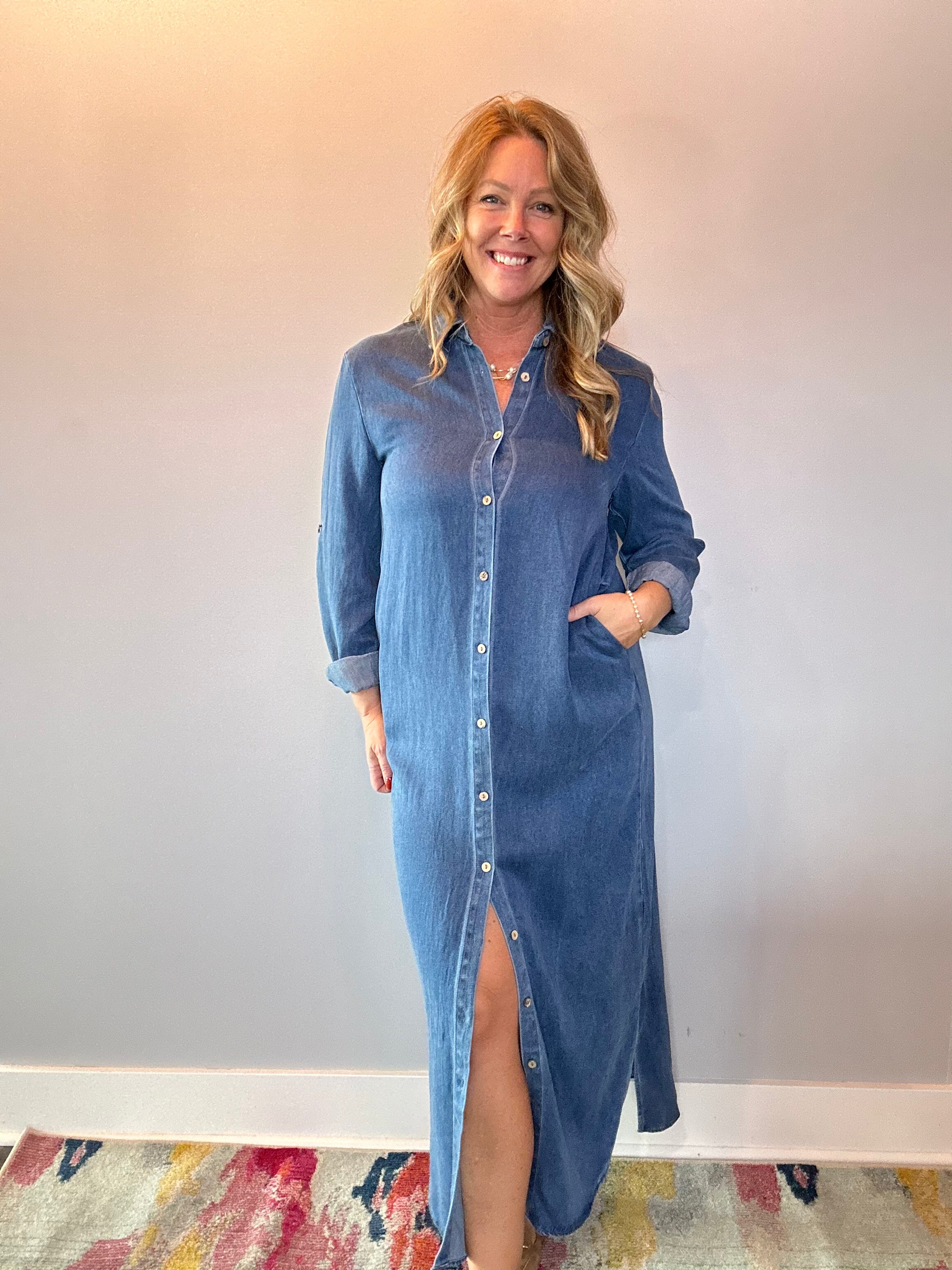 The Prairie Breeze Denim Maxi Dress