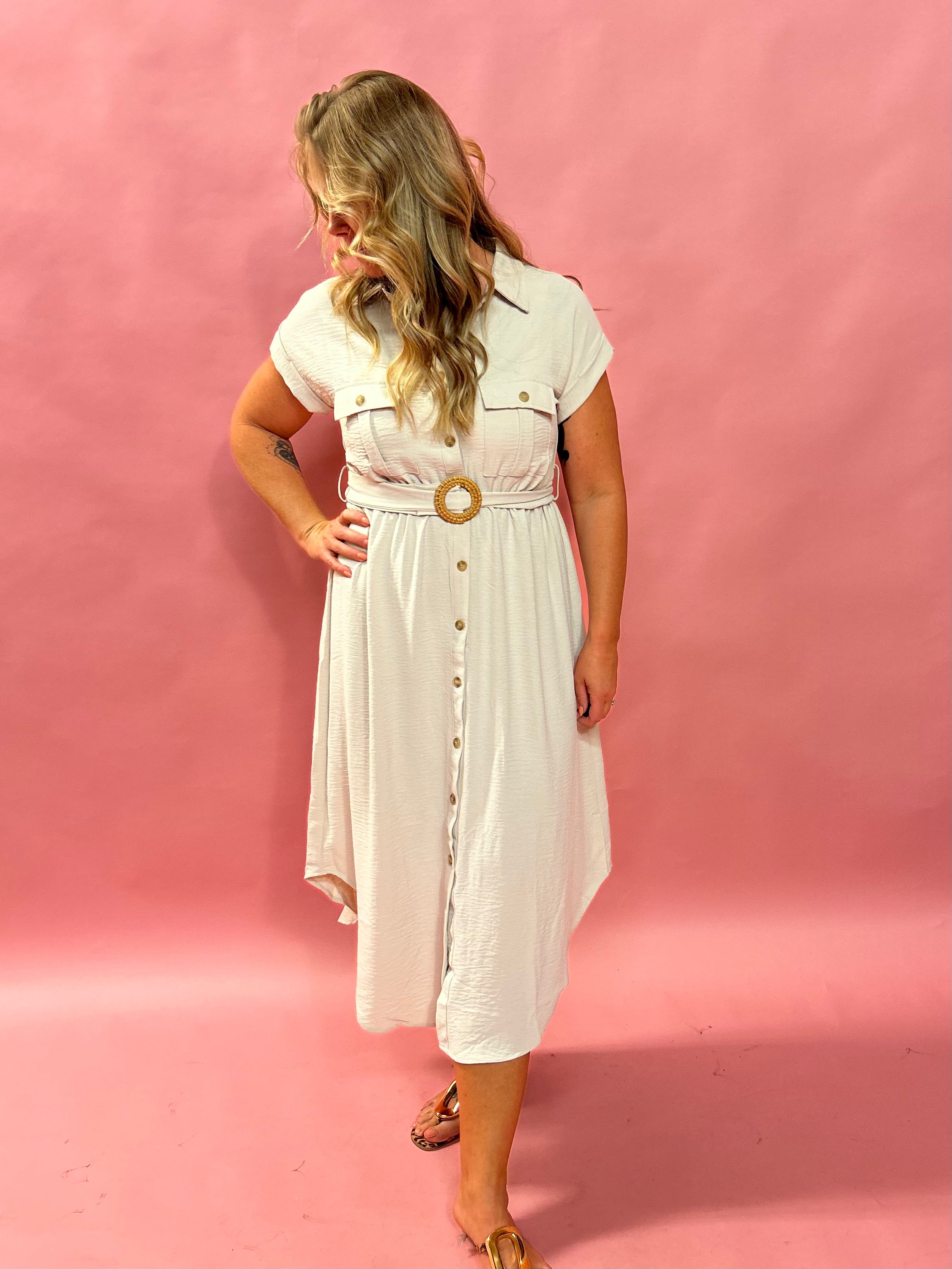 The Sutton Belted Shirt Dress in Tan