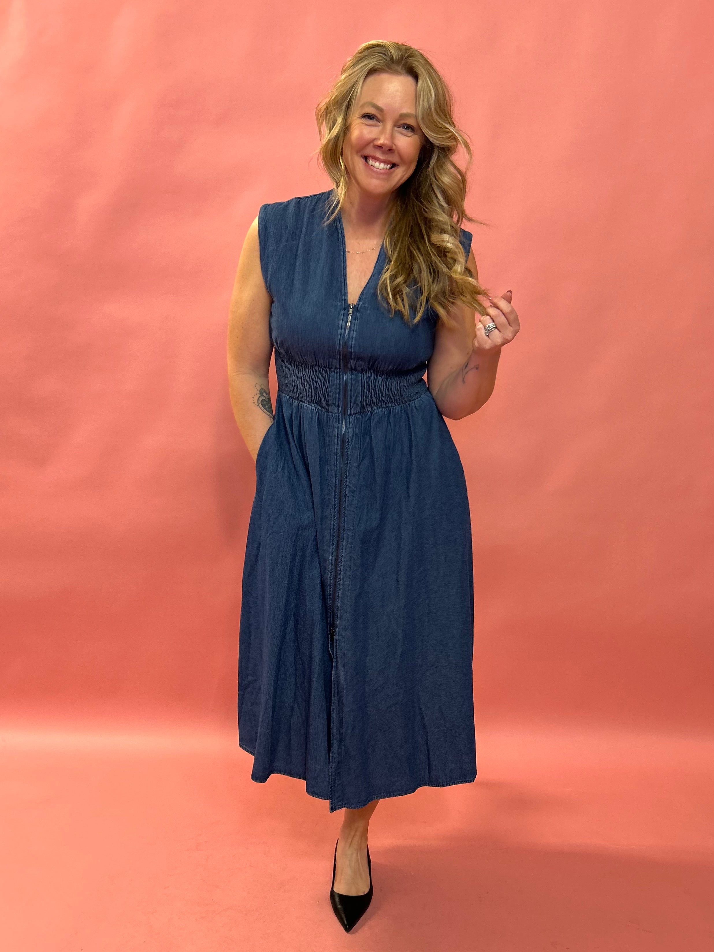 Timeless Charm: V-Neck Midi Denim Dress