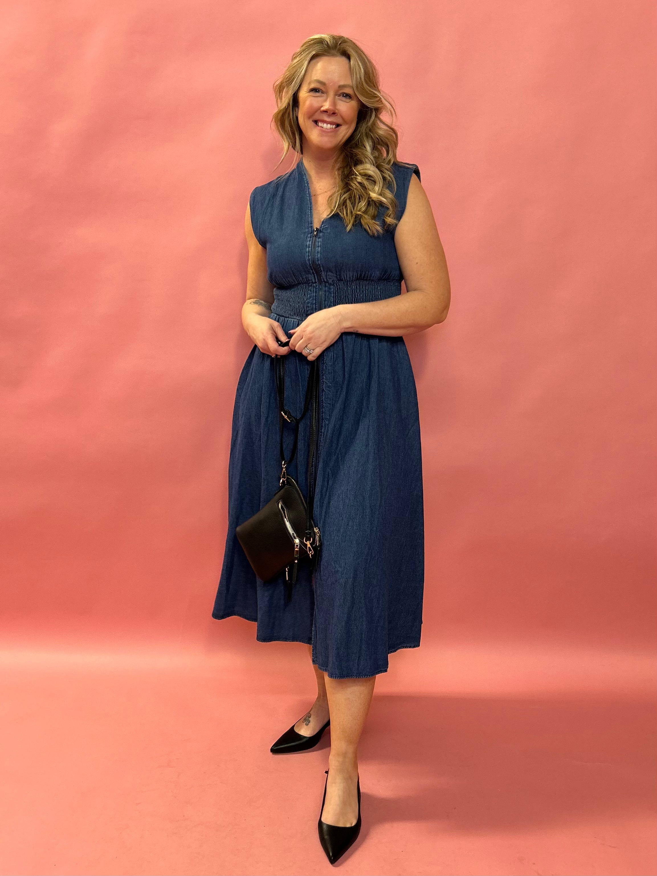Timeless Charm: V-Neck Midi Denim Dress