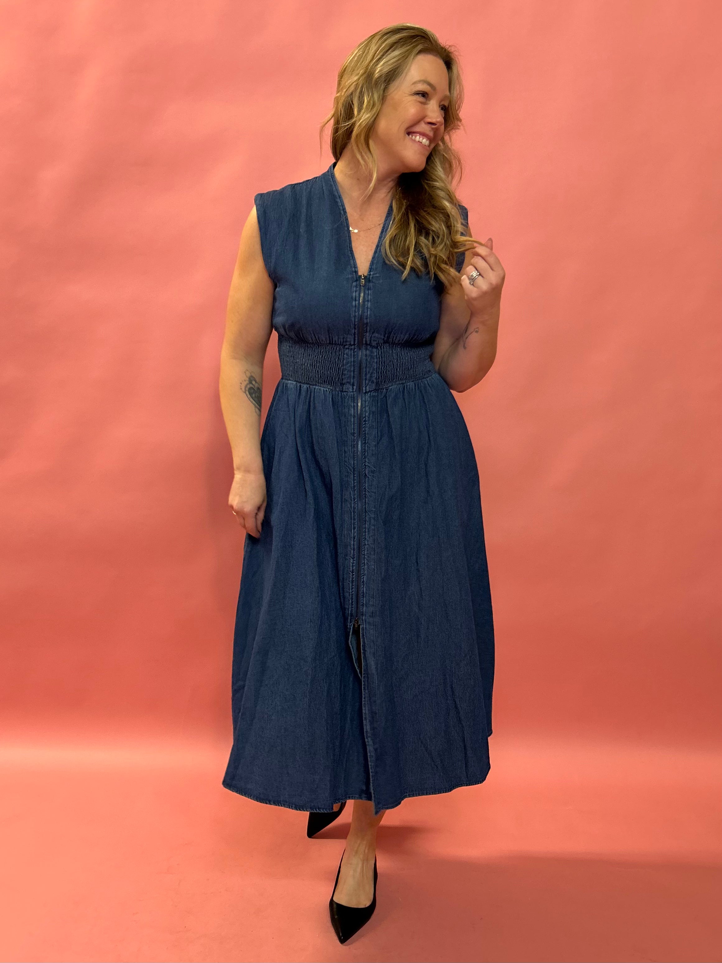 Timeless Charm: V-Neck Midi Denim Dress