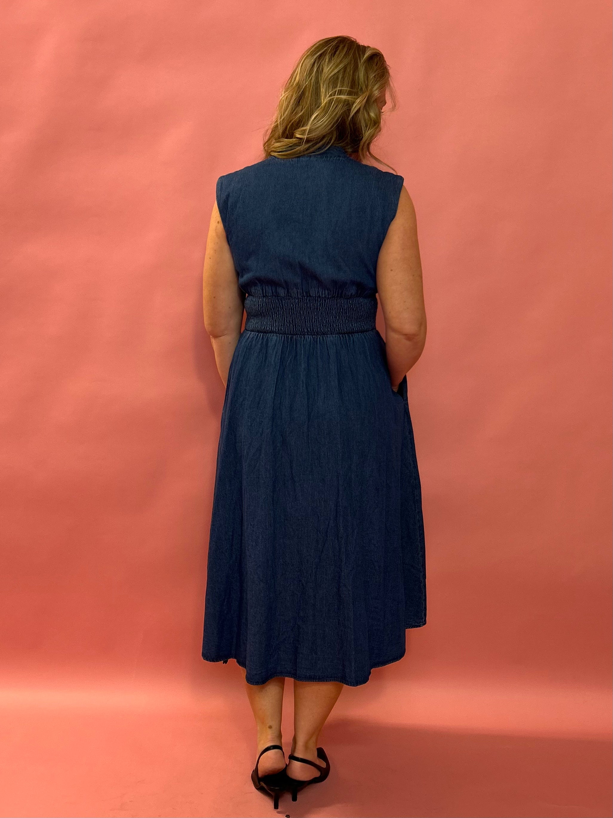 Timeless Charm: V-Neck Midi Denim Dress
