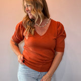 V-Neck Short Puff Sleeve Knitted Sweater Top in Rust