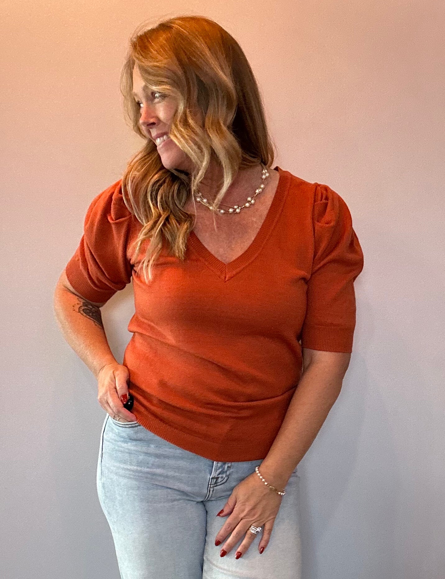 V-Neck Short Puff Sleeve Knitted Sweater Top in Rust