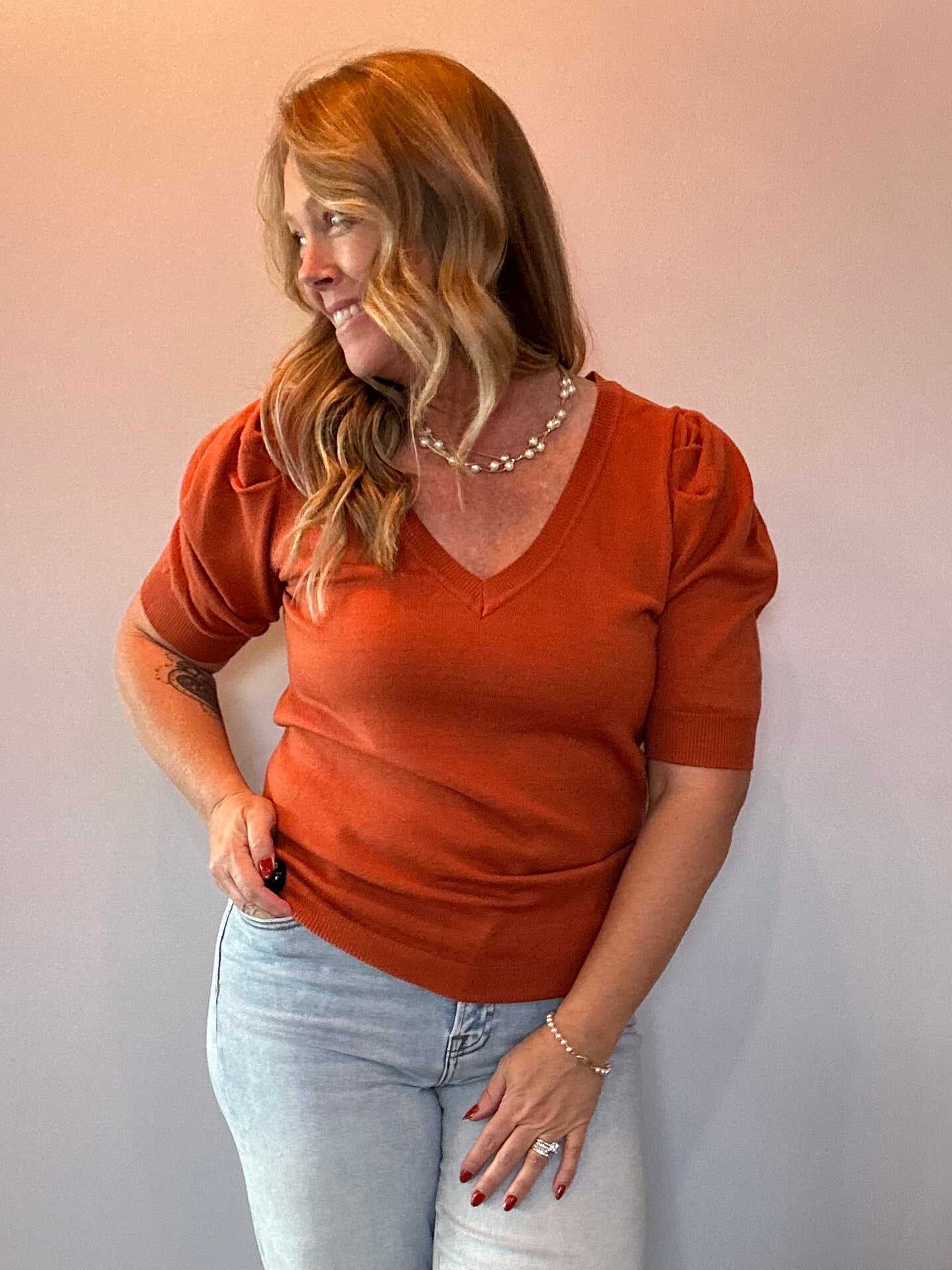 V-Neck Short Puff Sleeve Knitted Sweater Top in Rust