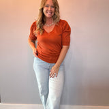 V-Neck Short Puff Sleeve Knitted Sweater Top in Rust