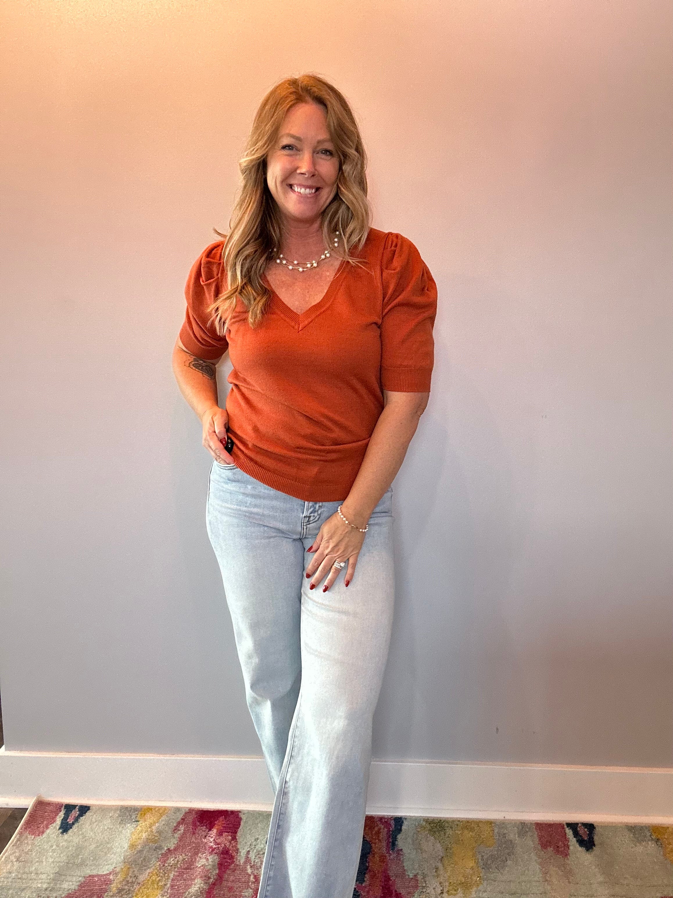 V-Neck Short Puff Sleeve Knitted Sweater Top in Rust