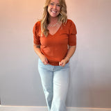 V-Neck Short Puff Sleeve Knitted Sweater Top in Rust