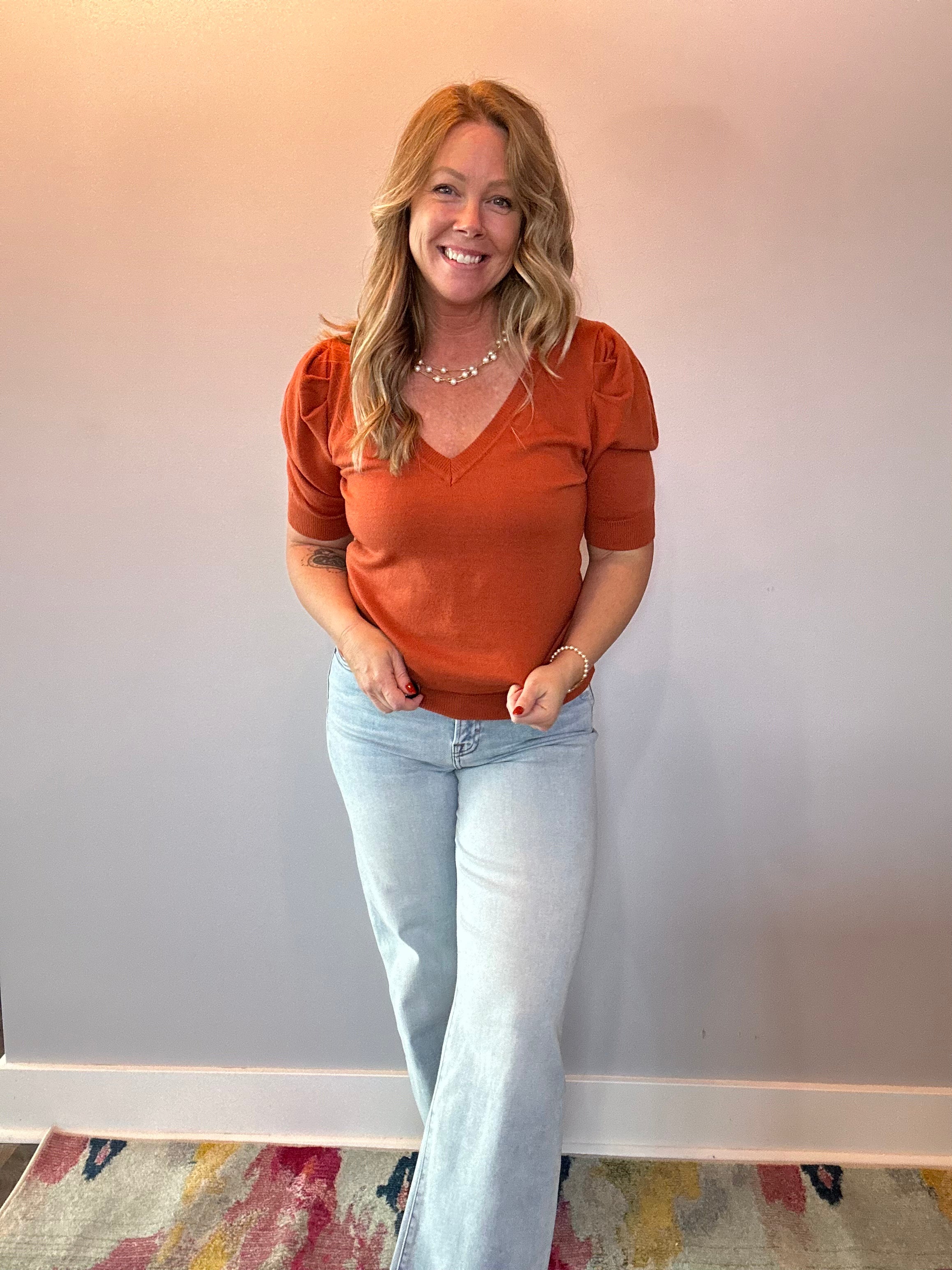 V-Neck Short Puff Sleeve Knitted Sweater Top in Rust