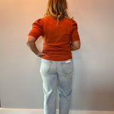V-Neck Short Puff Sleeve Knitted Sweater Top in Rust