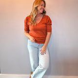 V-Neck Short Puff Sleeve Knitted Sweater Top in Rust