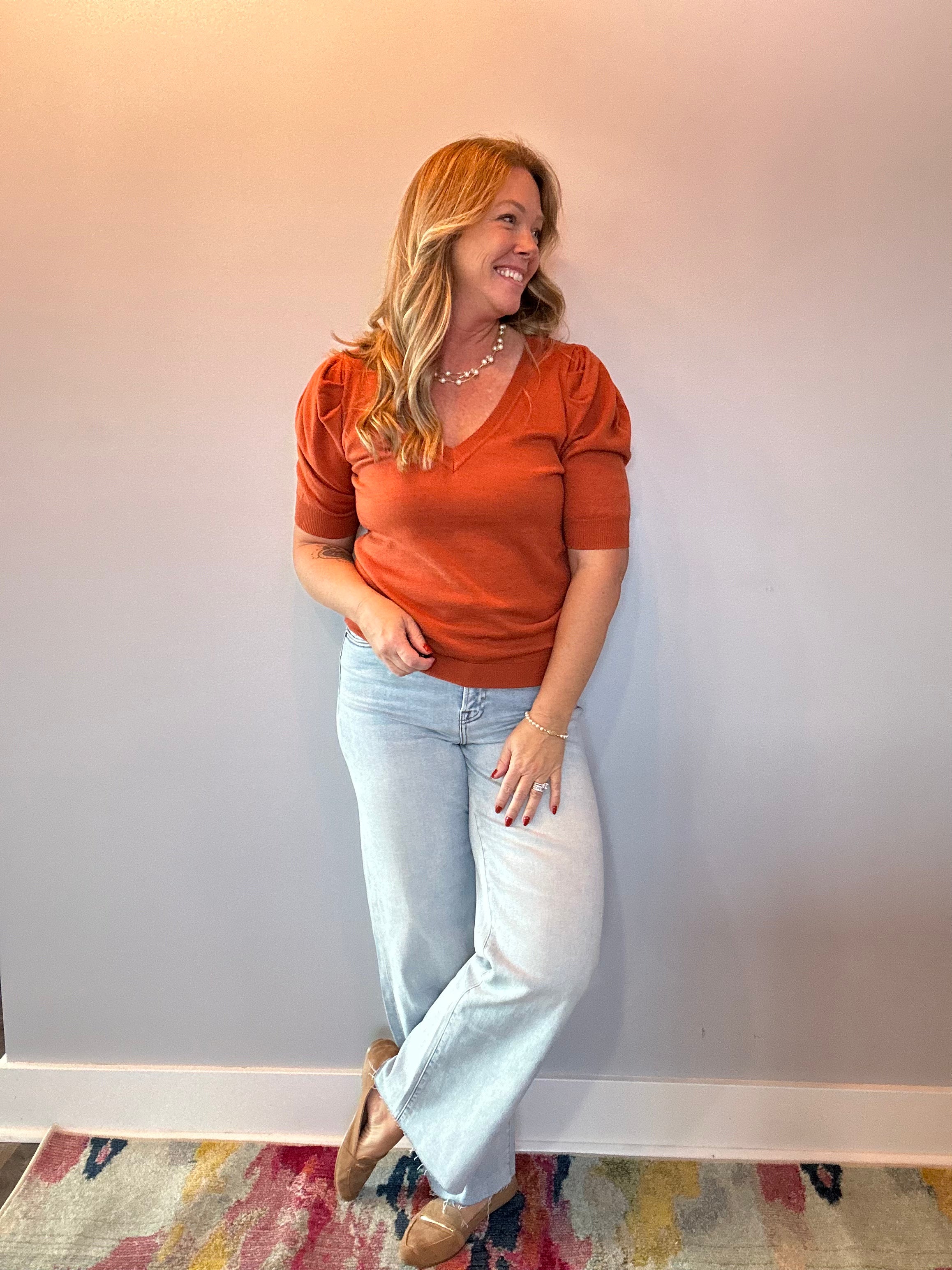 V-Neck Short Puff Sleeve Knitted Sweater Top in Rust