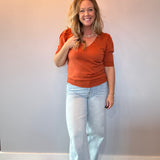 V-Neck Short Puff Sleeve Knitted Sweater Top in Rust