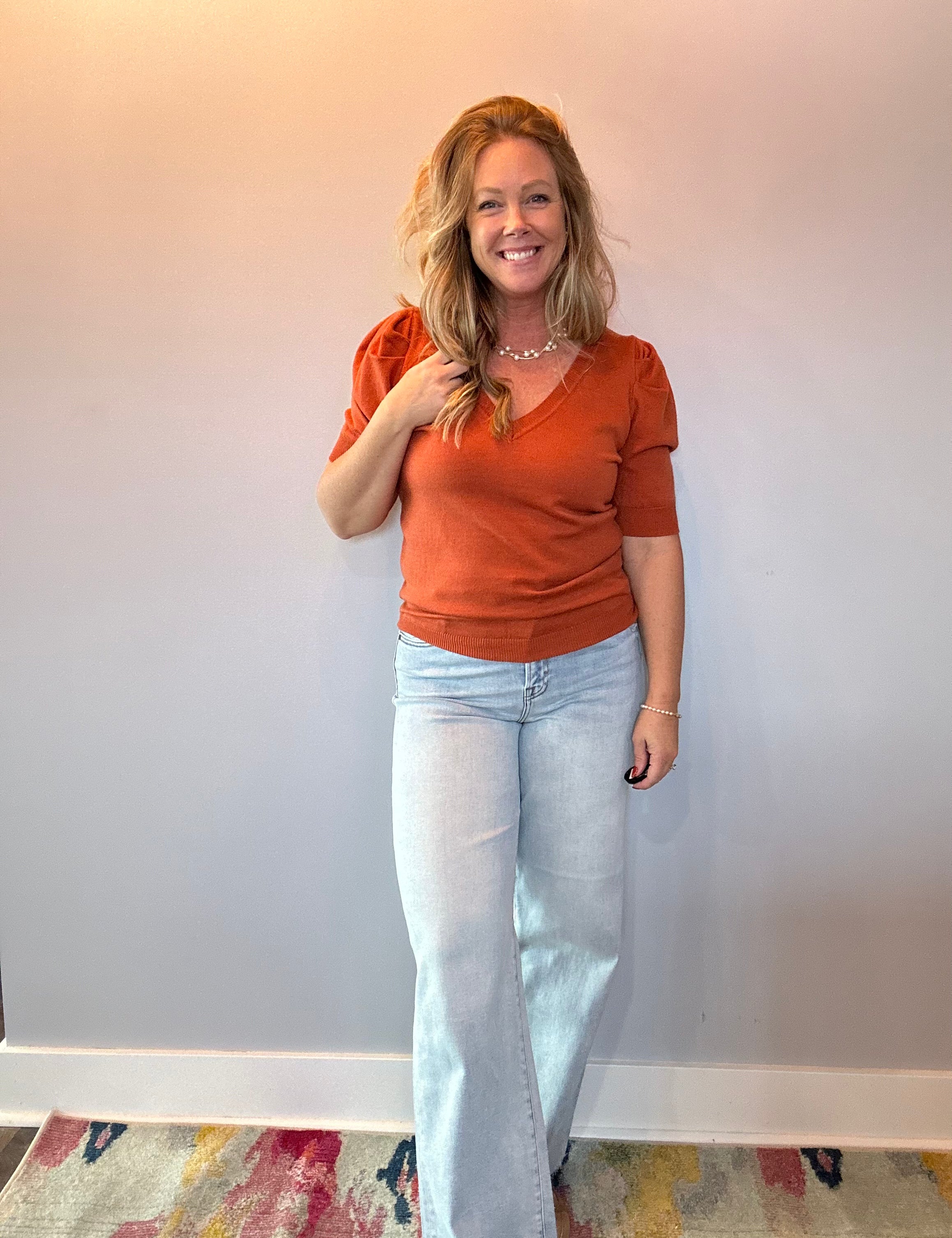 V-Neck Short Puff Sleeve Knitted Sweater Top in Rust