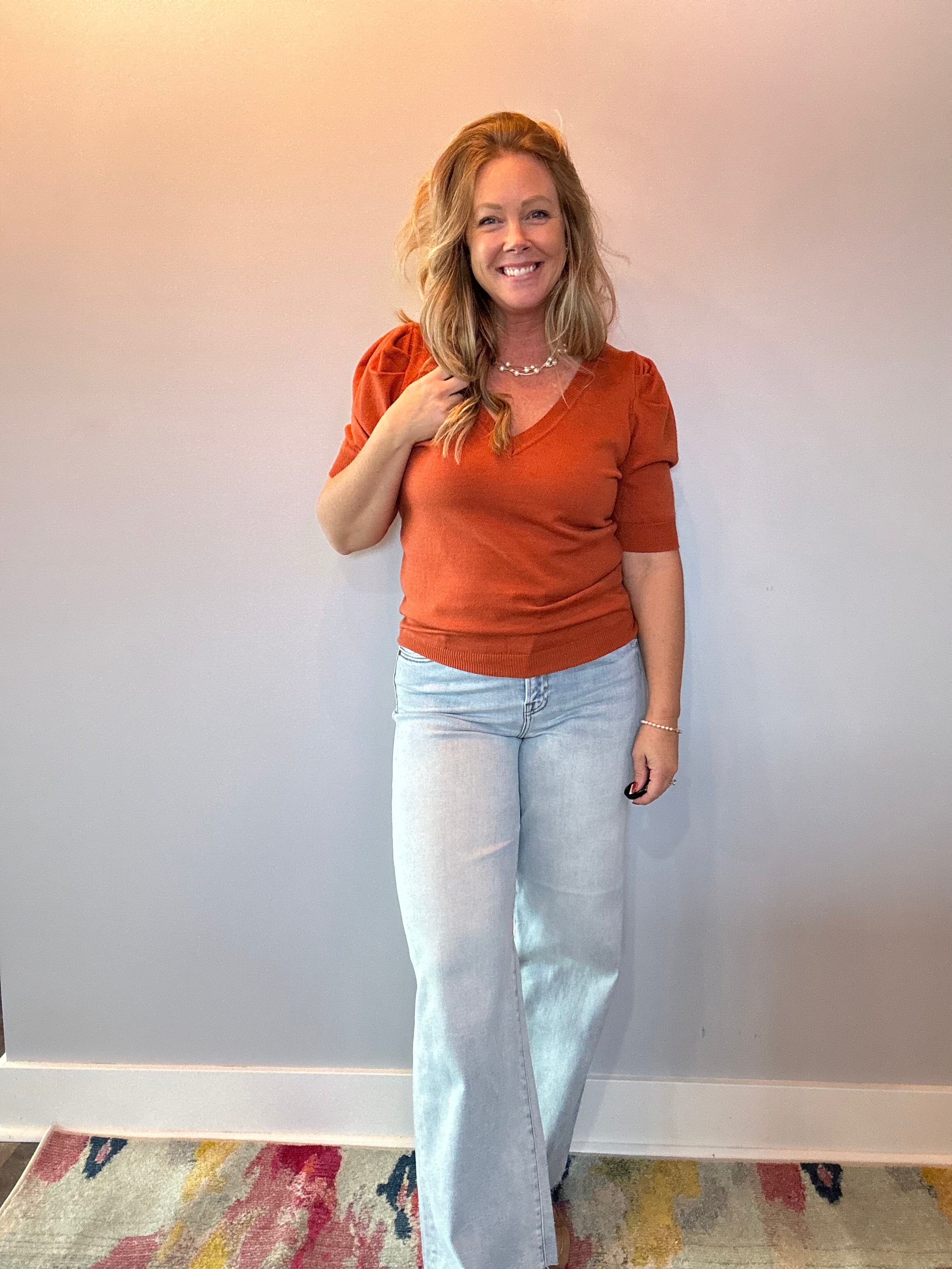 V-Neck Short Puff Sleeve Knitted Sweater Top in Rust
