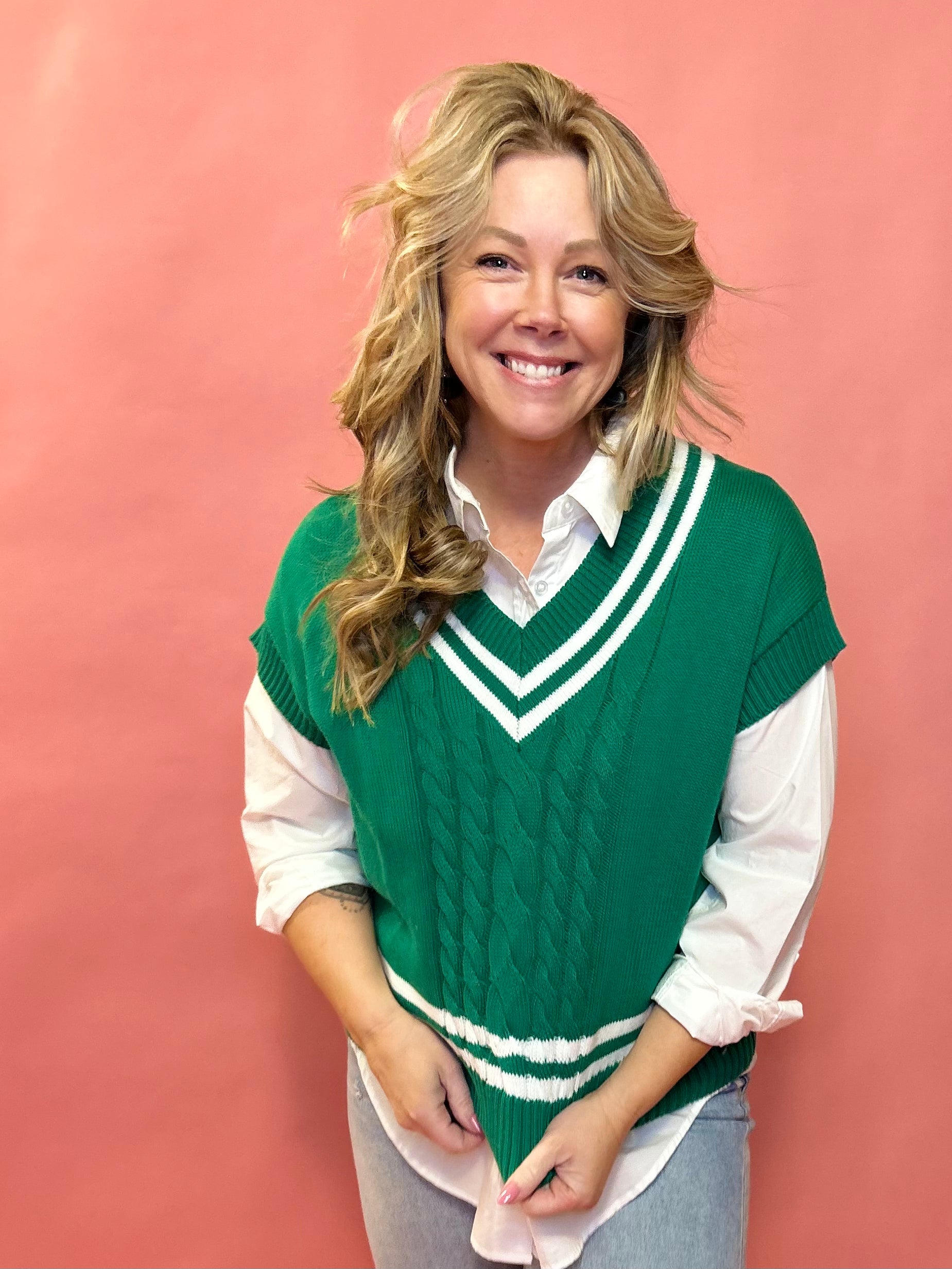 Varsity Charm Cable Knit V-Neck Sweater in Green