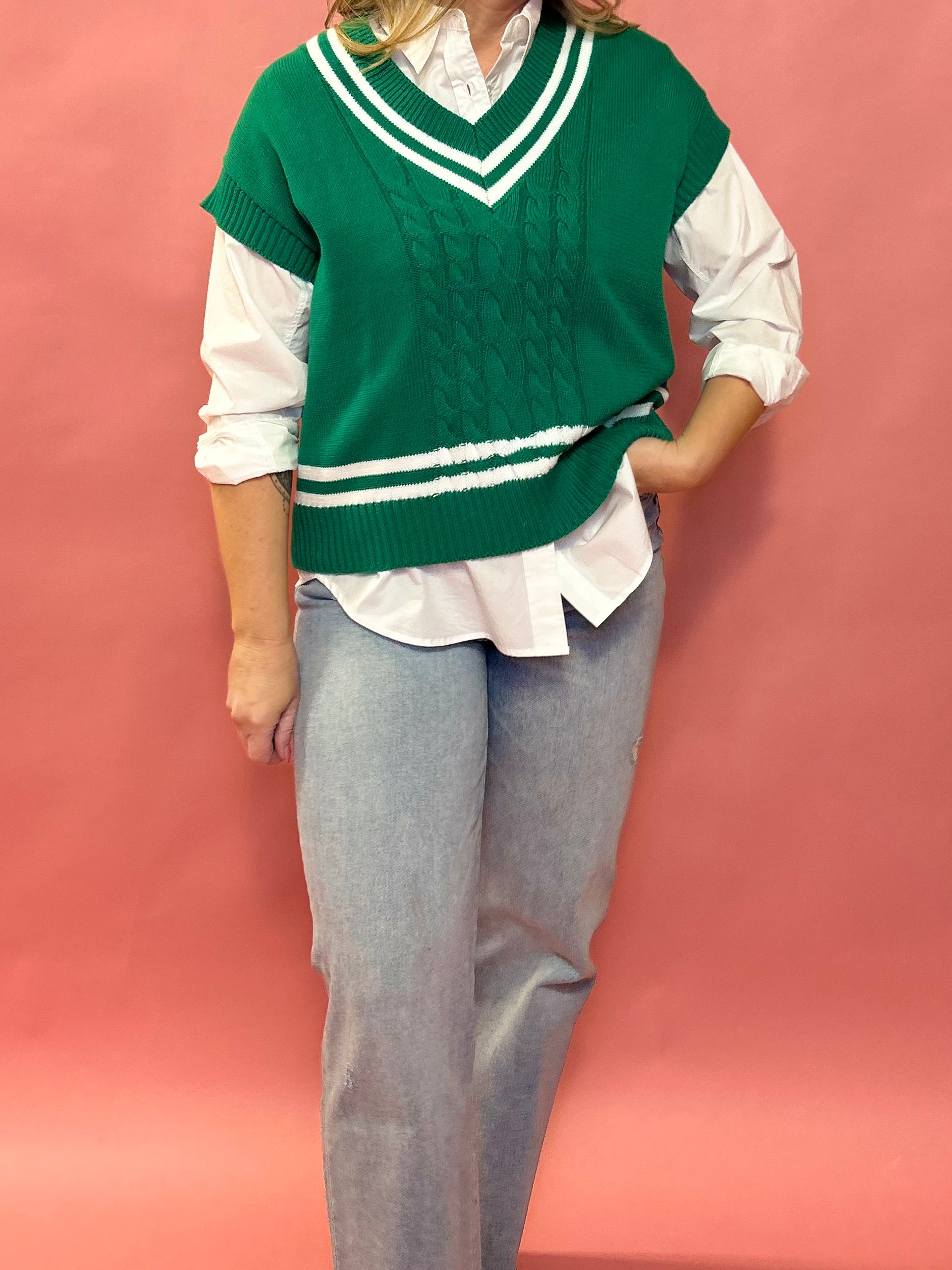 Varsity Charm Cable Knit V-Neck Sweater in Green