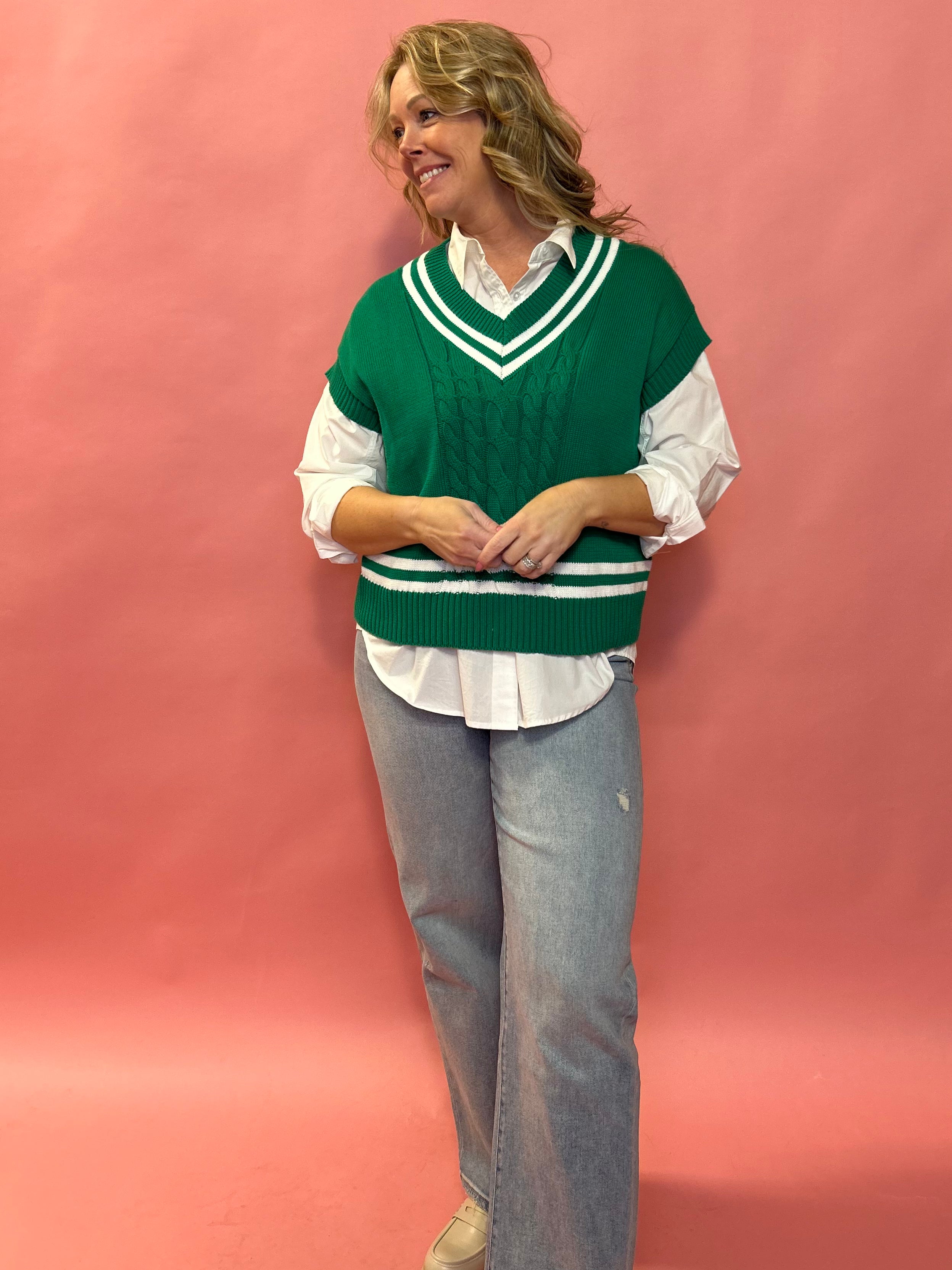 Varsity Charm Cable Knit V-Neck Sweater in Green