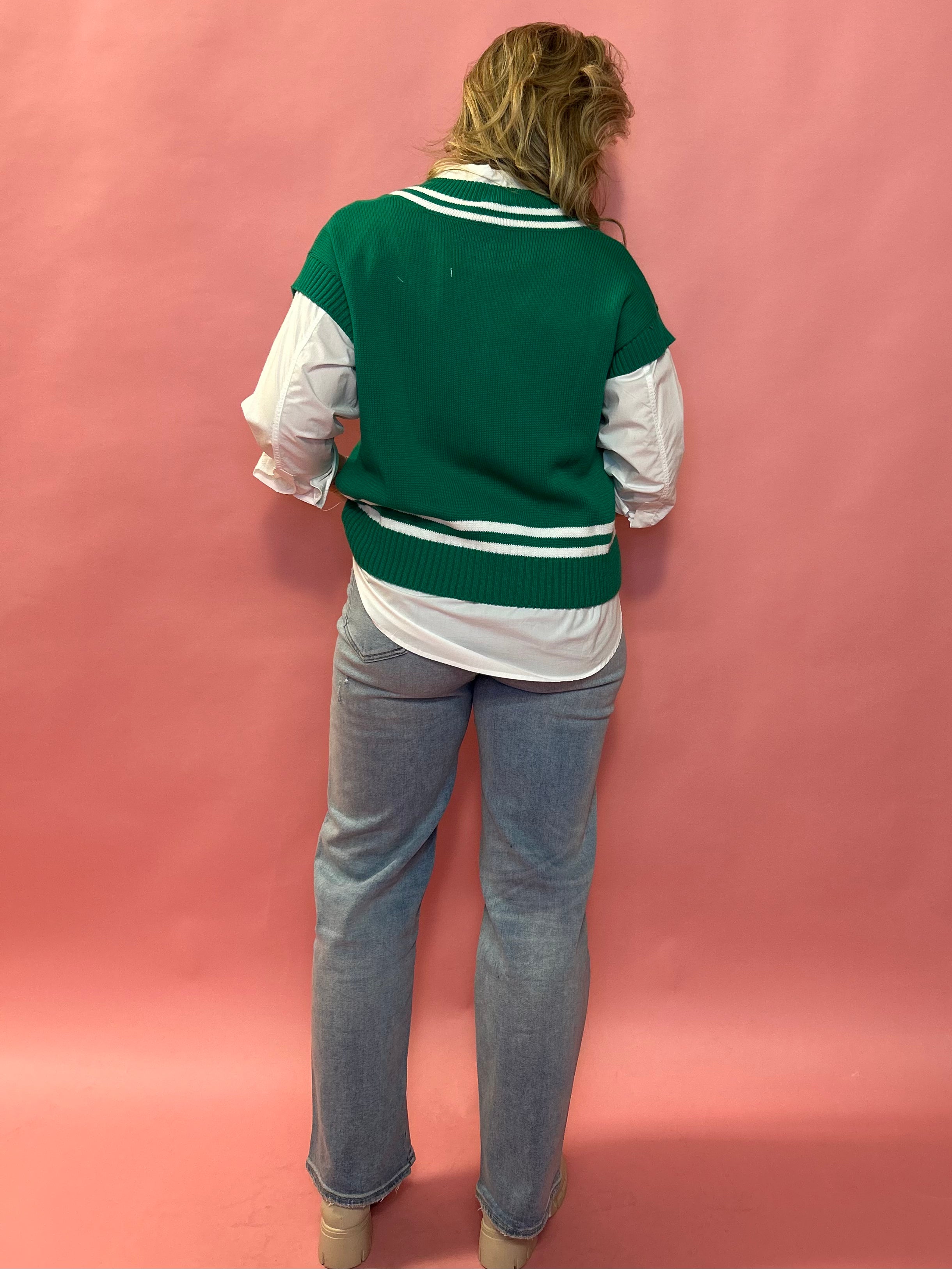 Varsity Charm Cable Knit V-Neck Sweater in Green