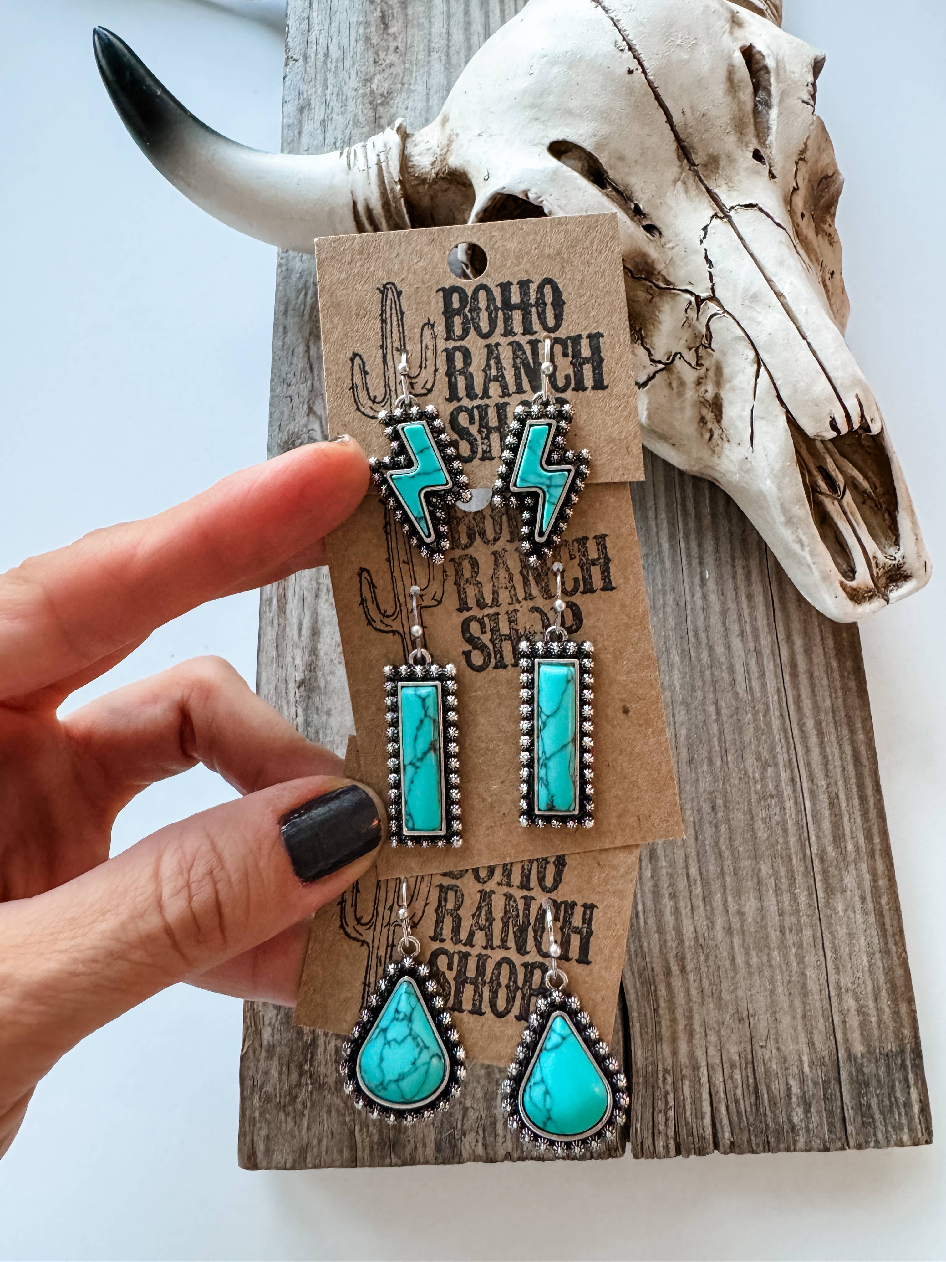 Western Hand Stone Stud Earrings Turquoise bolt bar teardrop