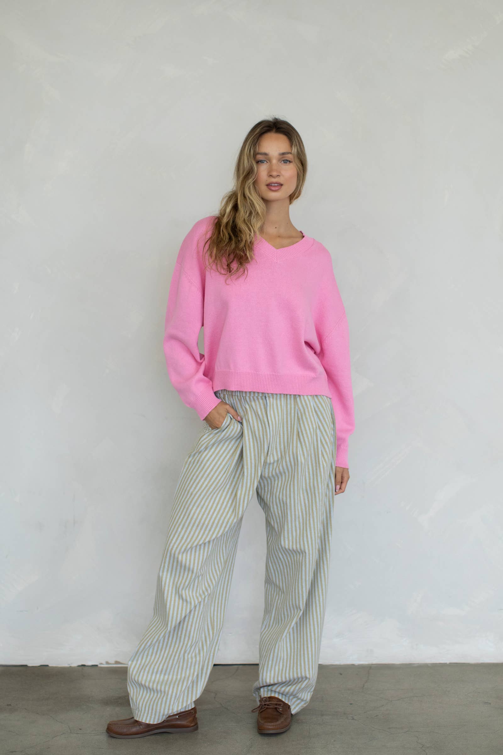 Chloe Cozy V-Neck Sweater in Pink