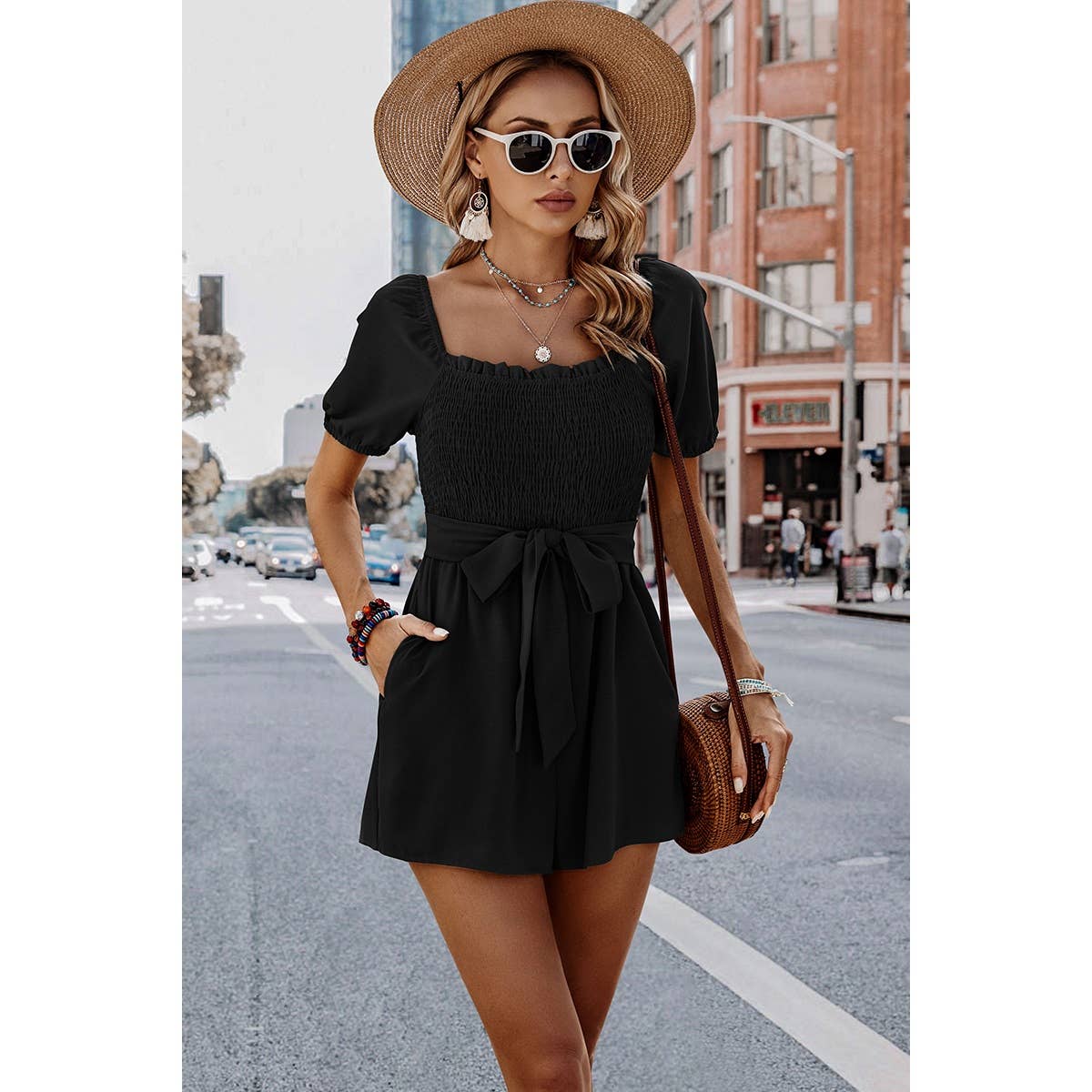 Chic Ease Square Neck Smocked Romper