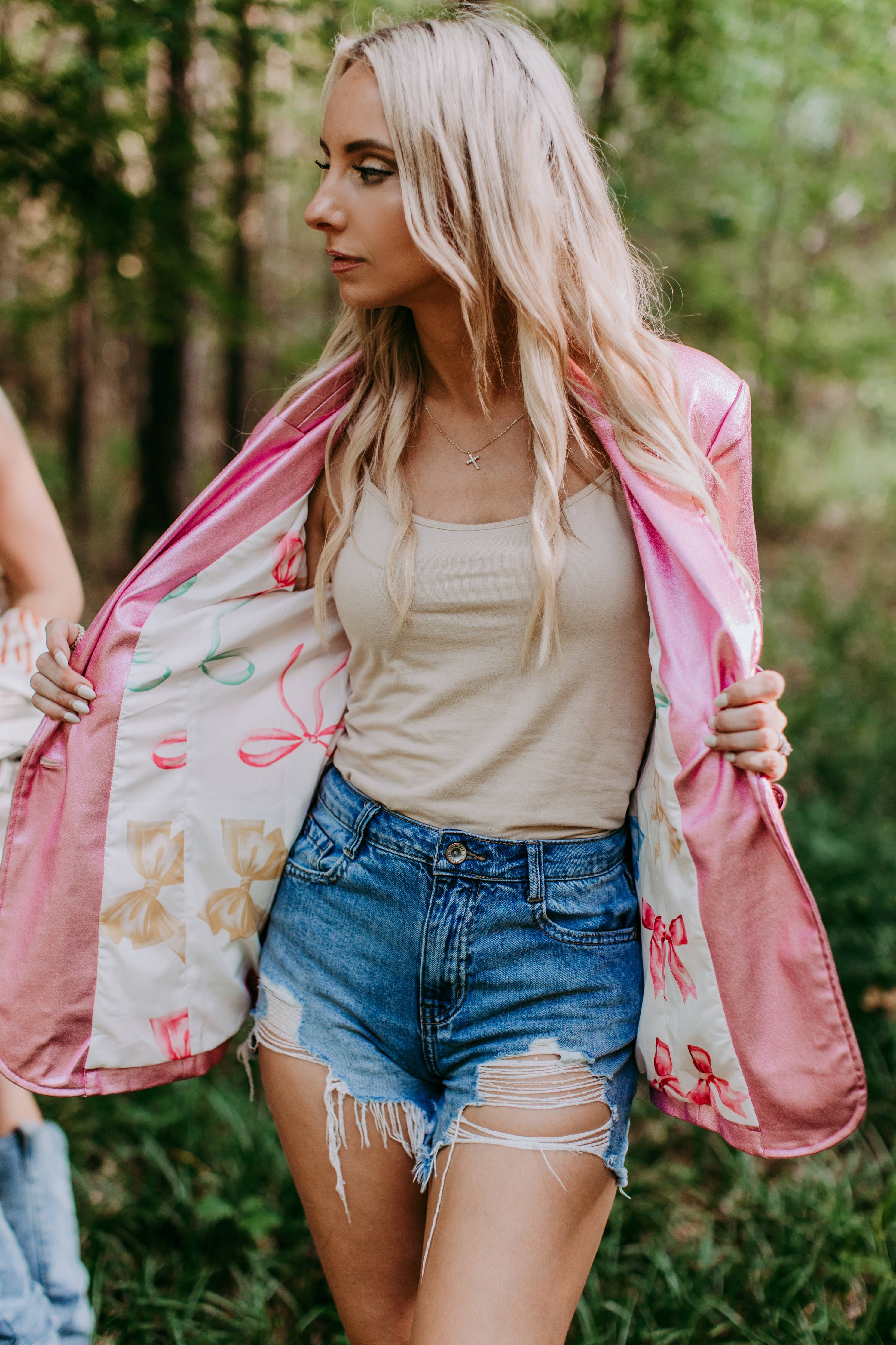 Boss Babe Metallic Faux Leather Blazer Pink