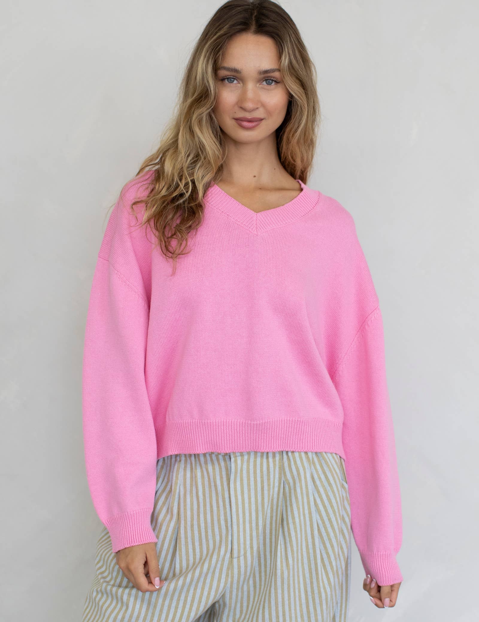 Chloe Cozy V-Neck Sweater in Pink