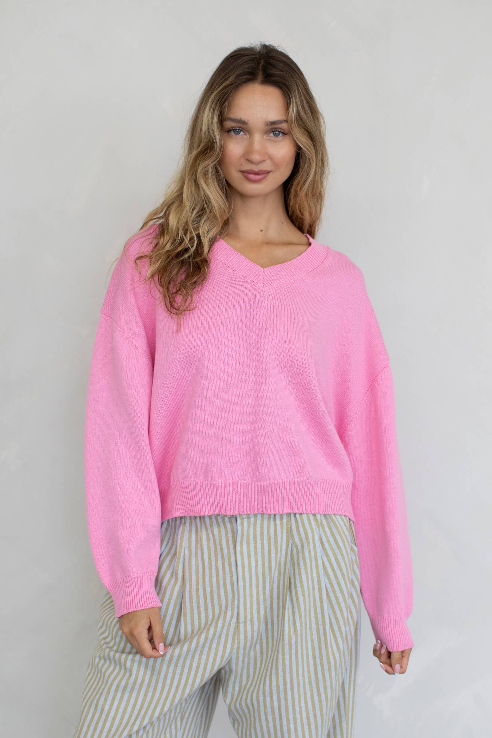Chloe Cozy V-Neck Sweater in Pink