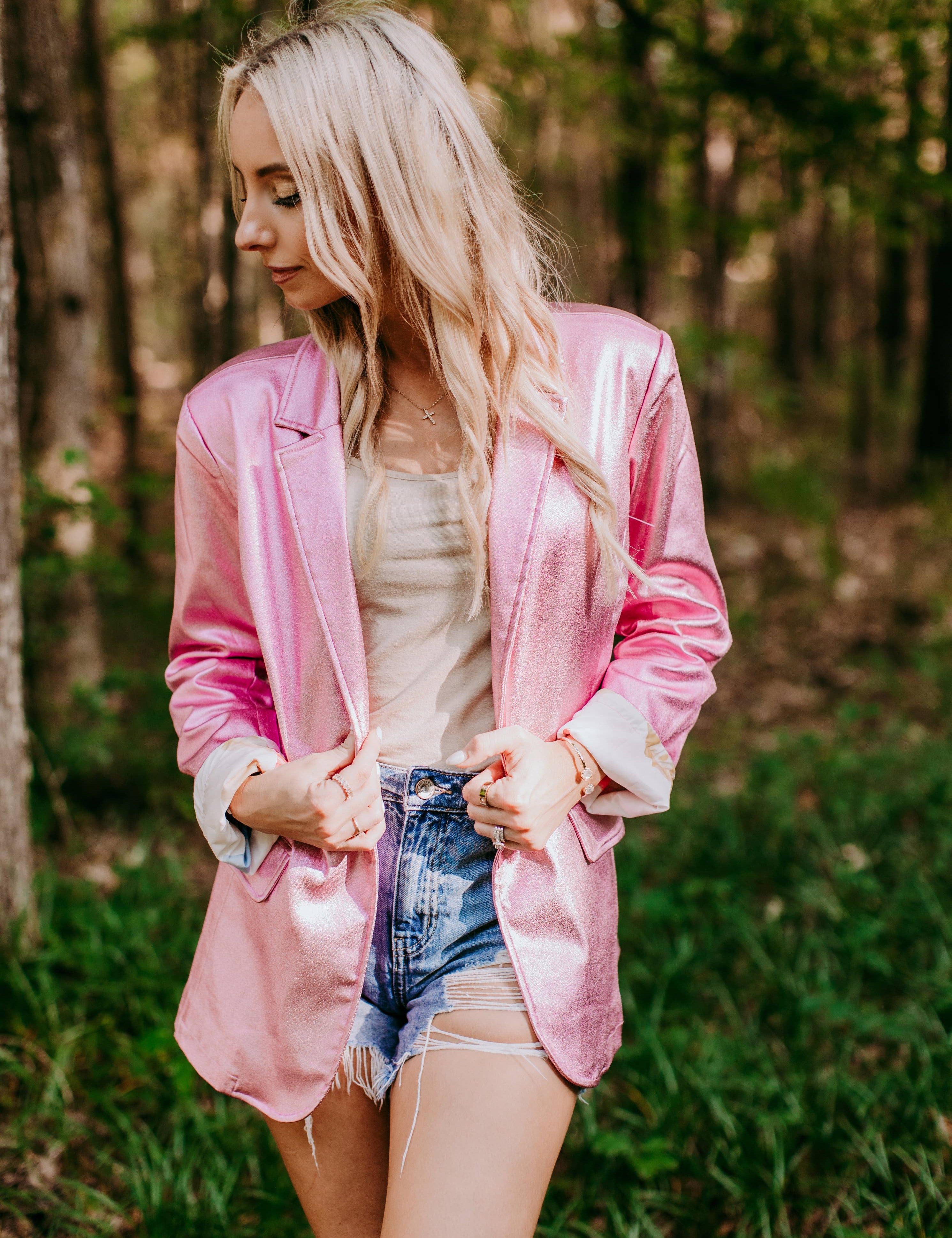 Boss Babe Metallic Faux Leather Blazer Pink