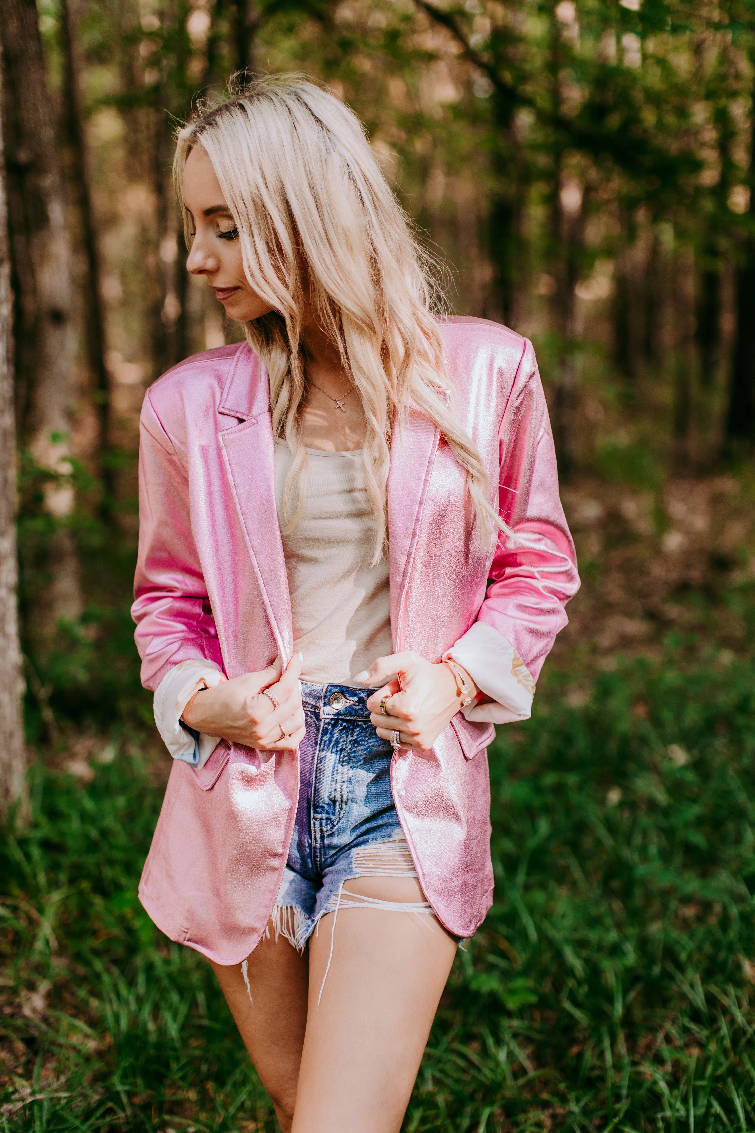 Boss Babe Metallic Faux Leather Blazer Pink