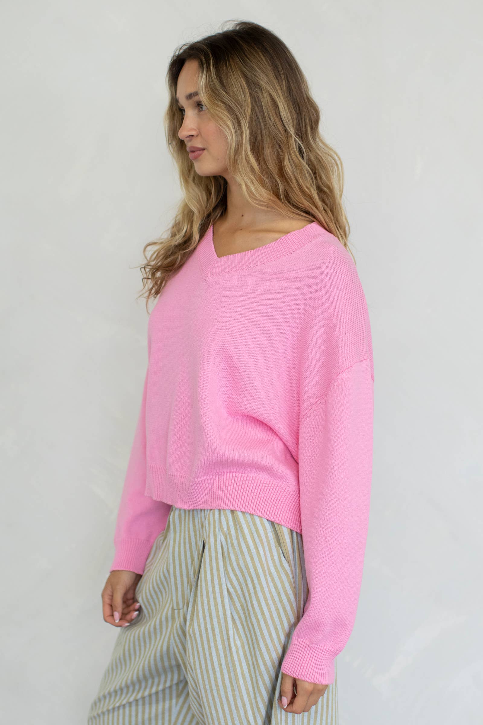 Chloe Cozy V-Neck Sweater in Pink