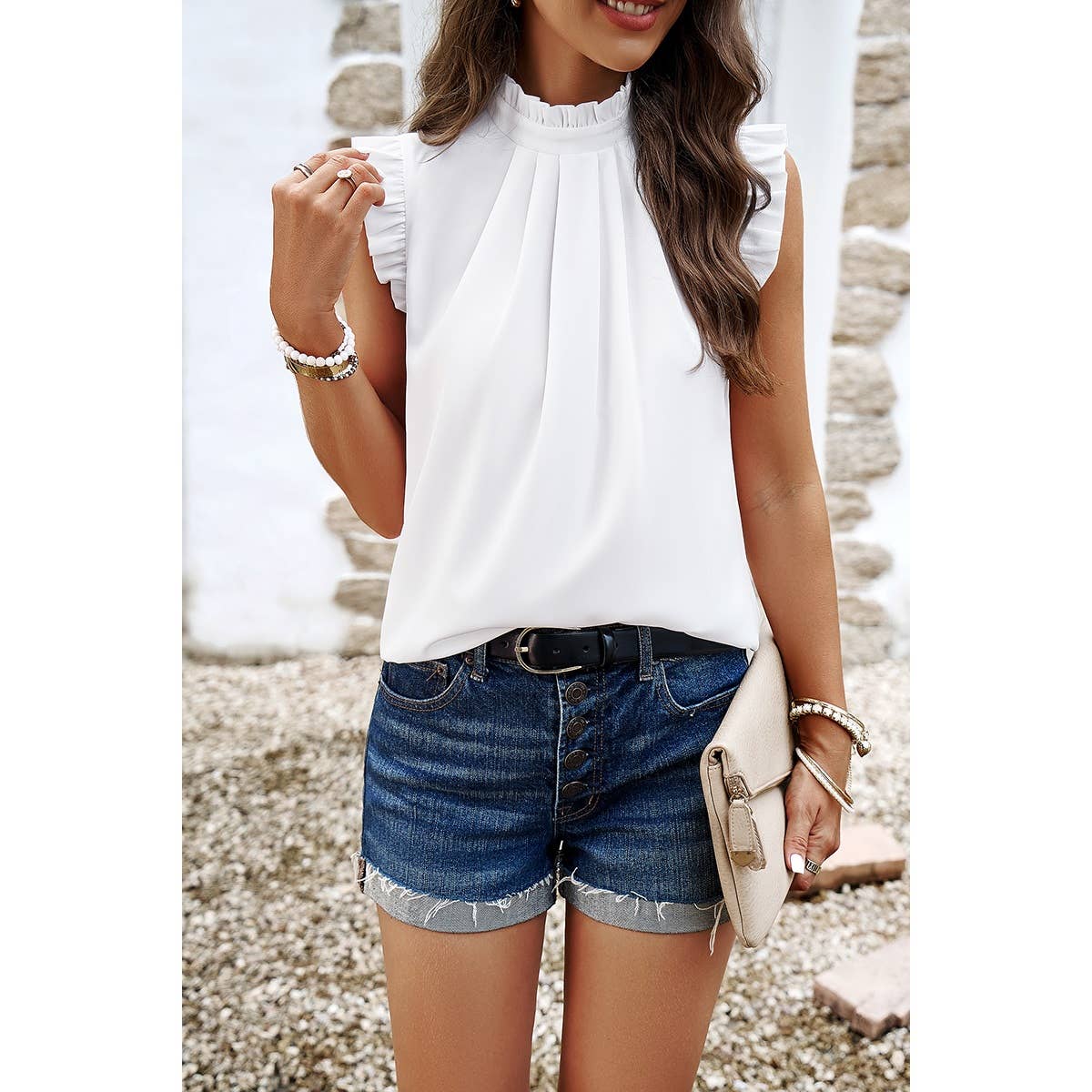 Elegant Ruffle Solid Cap Sleeve Ruched Blouse in White