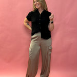 Alana Pocketed Satin Cargo Joggers in Taupe