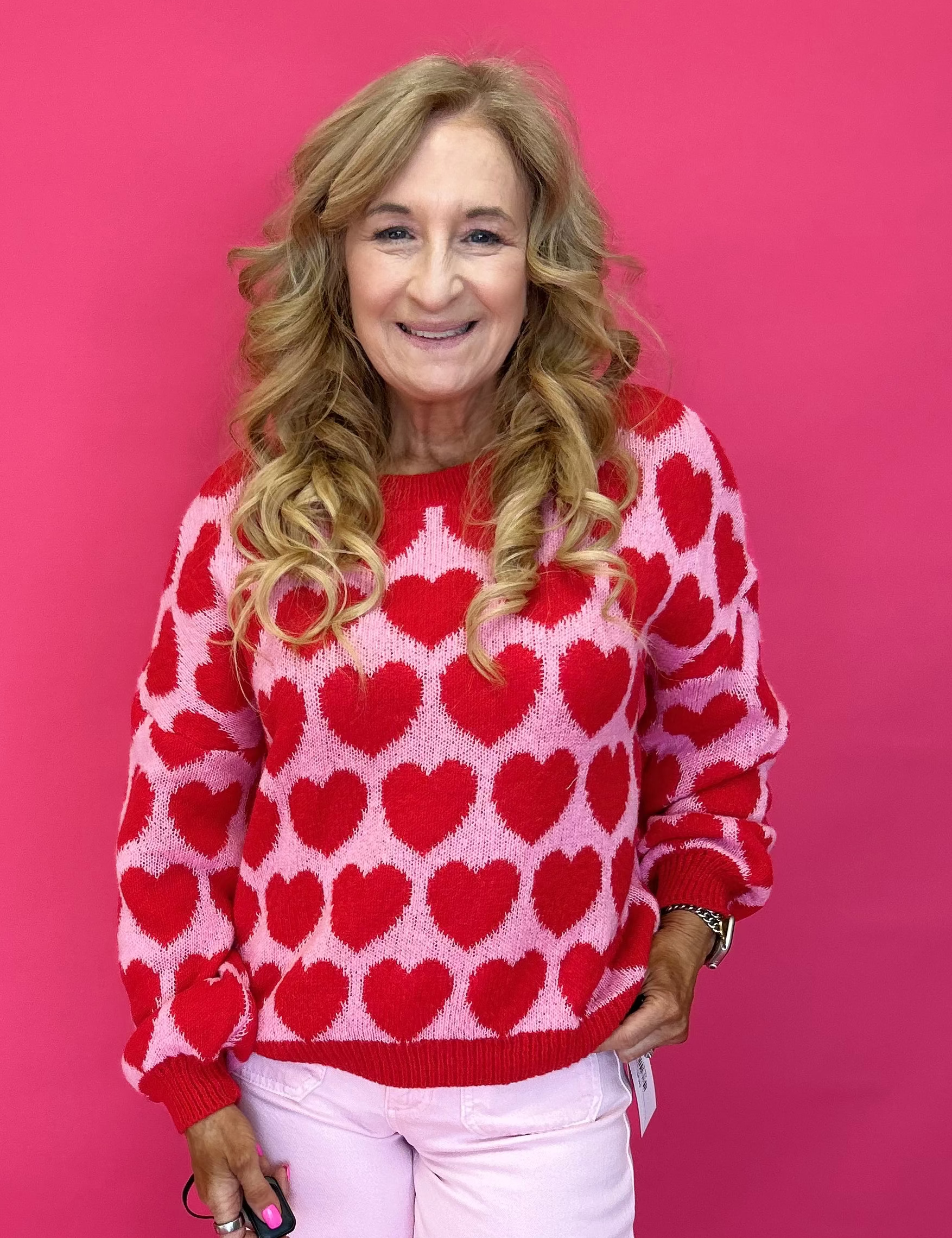 All the Love Slouchy Heart Knit Sweater in Pink