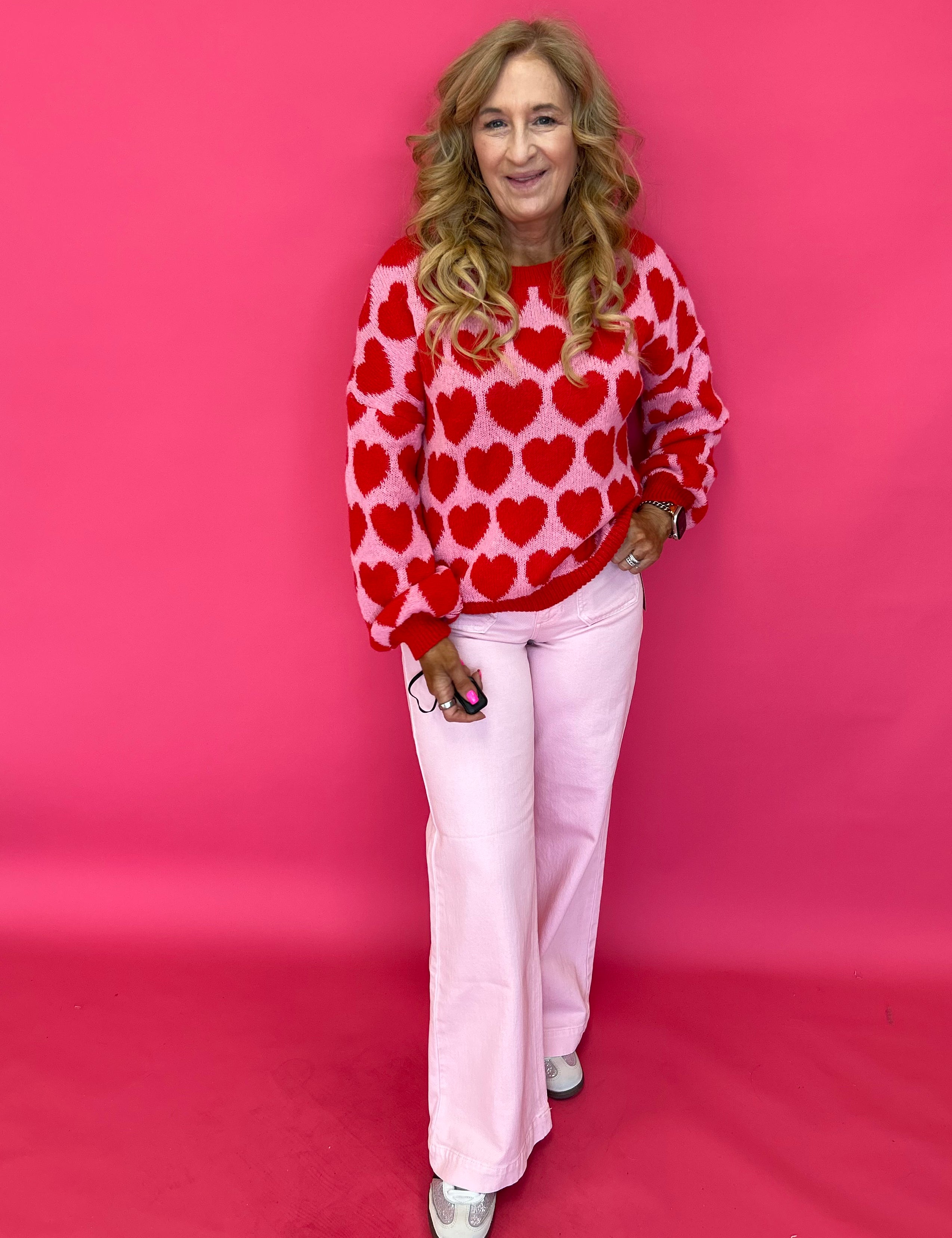 All the Love Slouchy Heart Knit Sweater in Pink