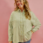 Amelia Long Sleeve Striped Button Down Top in Olive