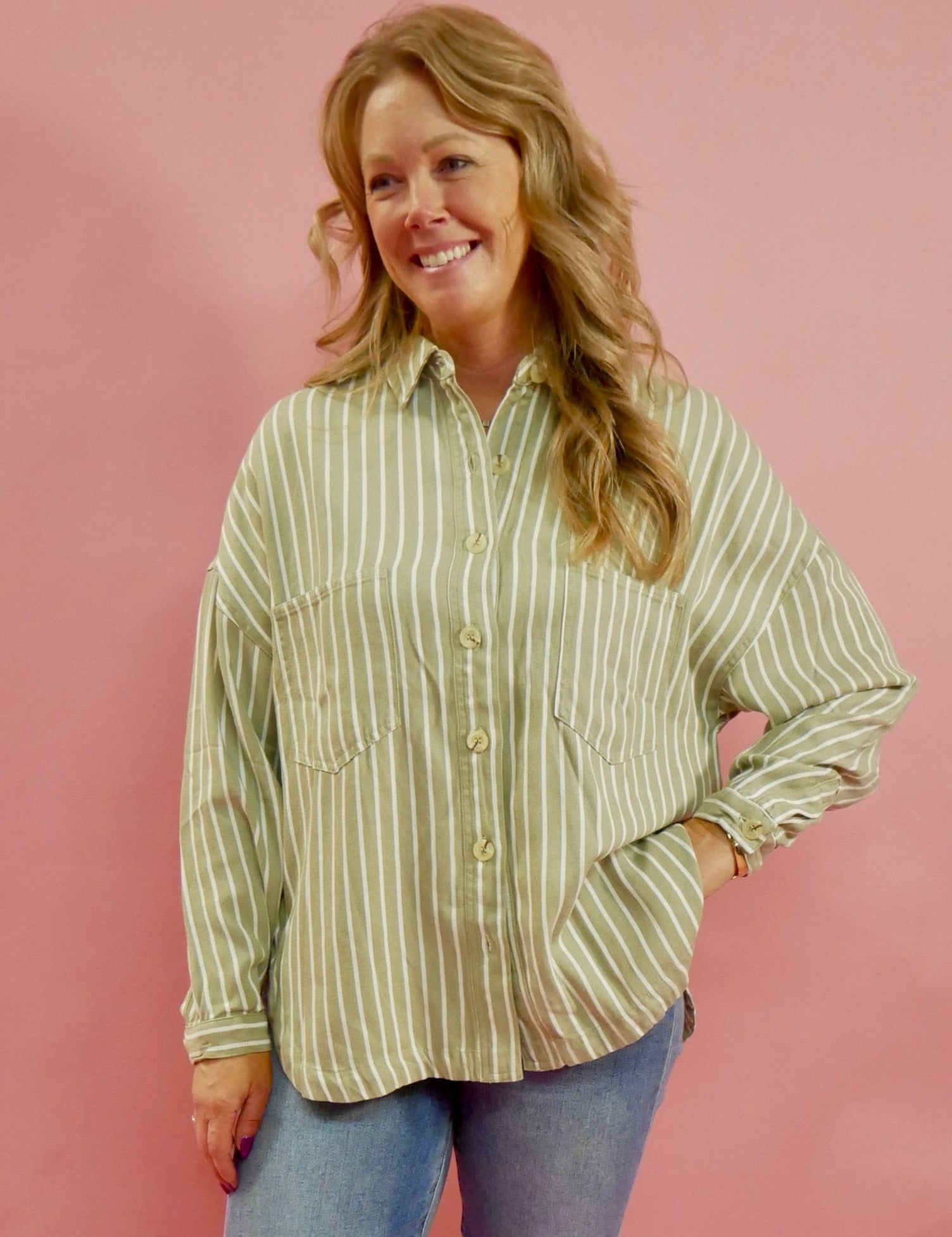 Amelia Long Sleeve Striped Button Down Top in Olive