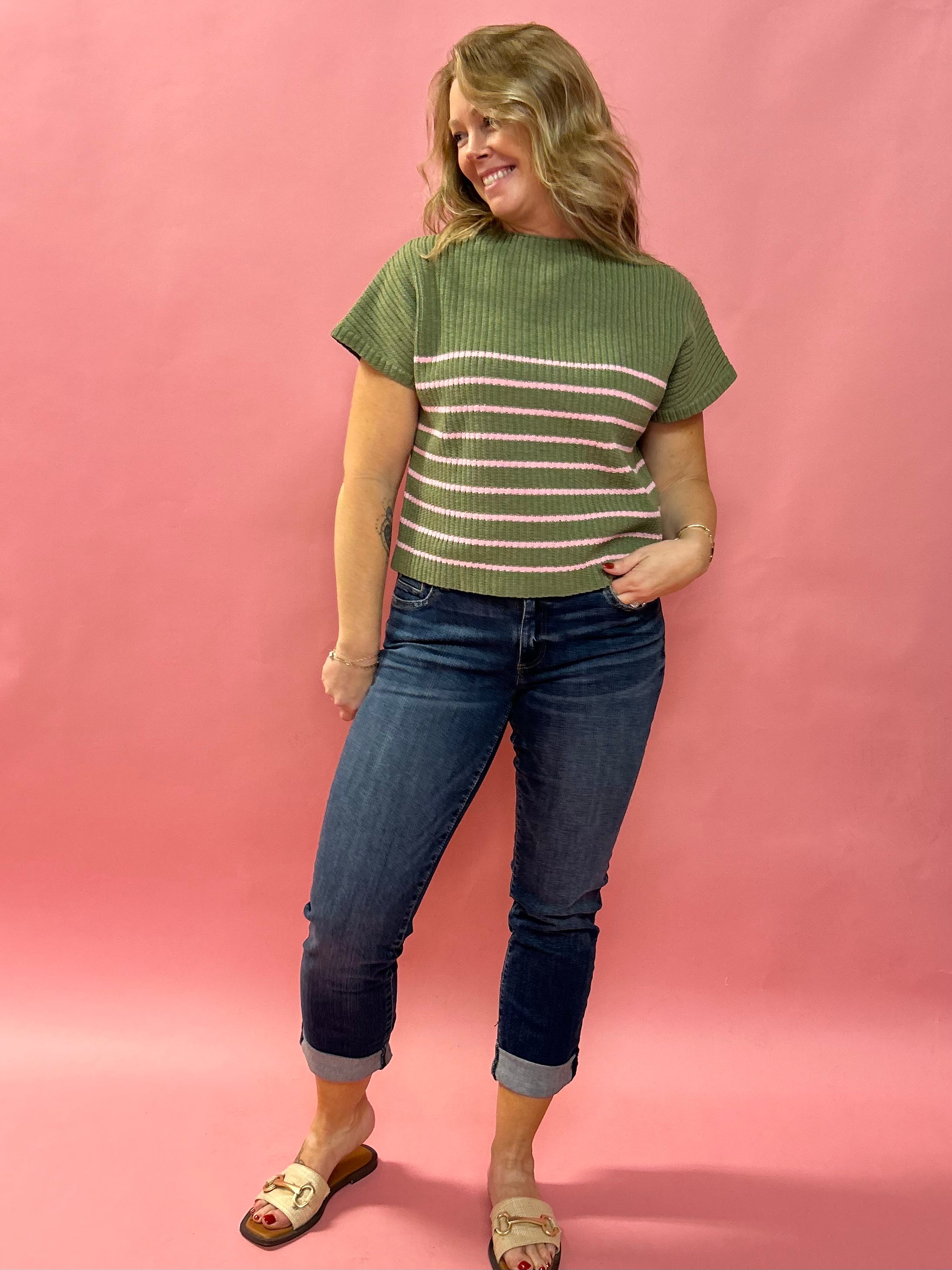 Angela Striped Sweater in Olive