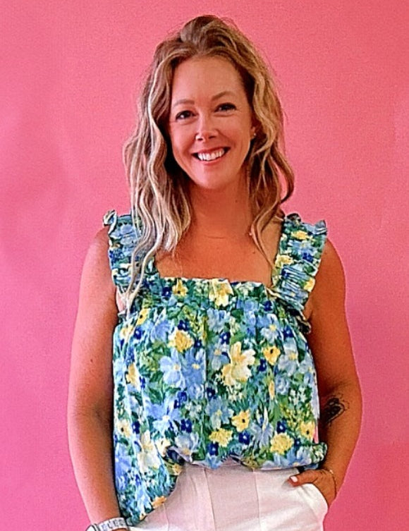 Angie Watercolor Floral Sleeveless Top in Yellow