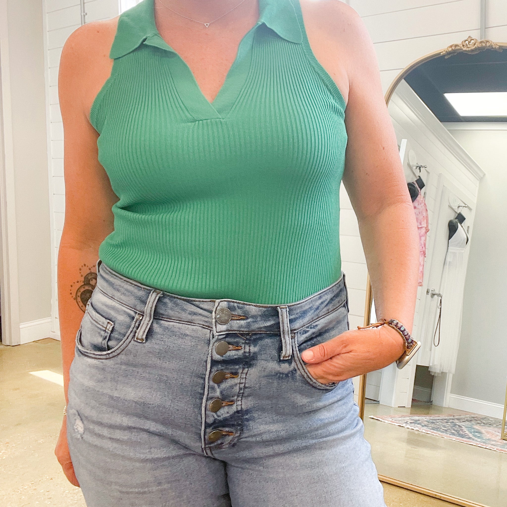 Alessandra Collared Bodysuit in Green