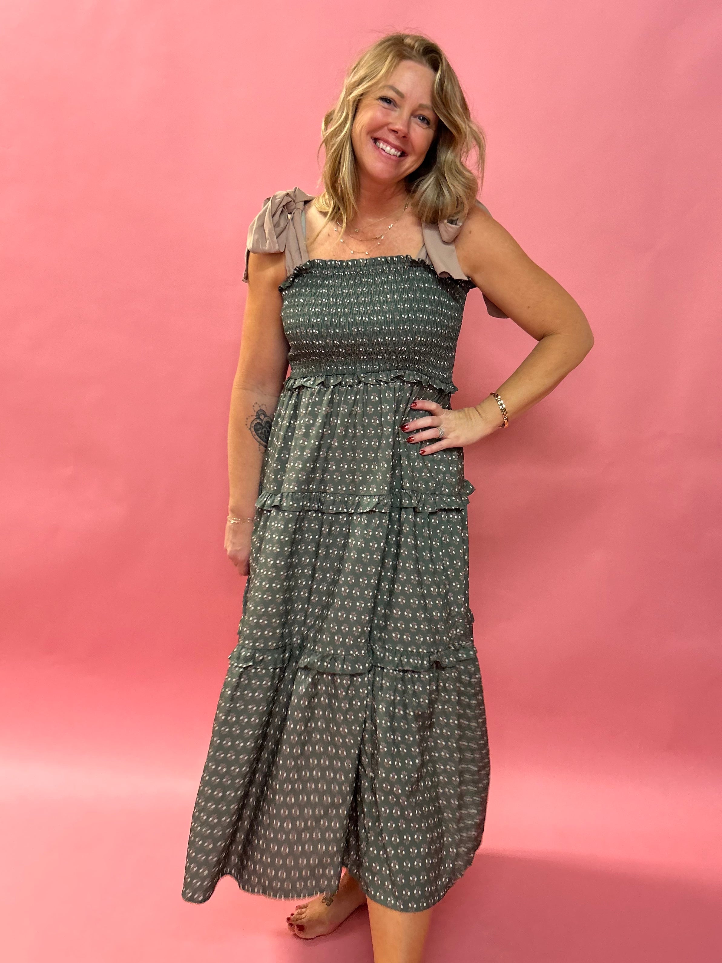 Back to Fall Tiered Midi Dress in Olive