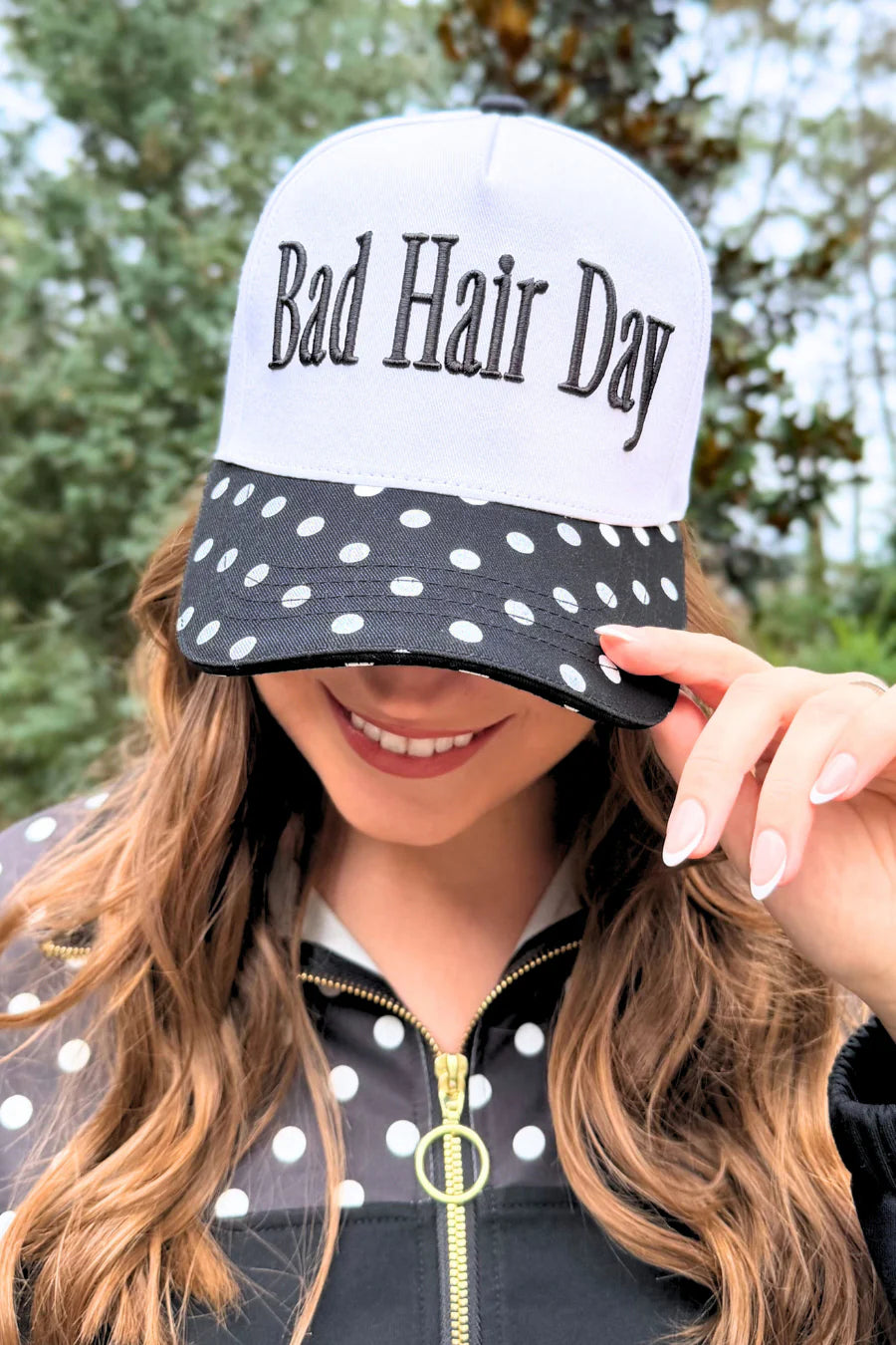 Black and white trucker hat with puff-embroidered Bad Hair Day lettering and polka dot bill – Shabby 2 Chic Boutiques