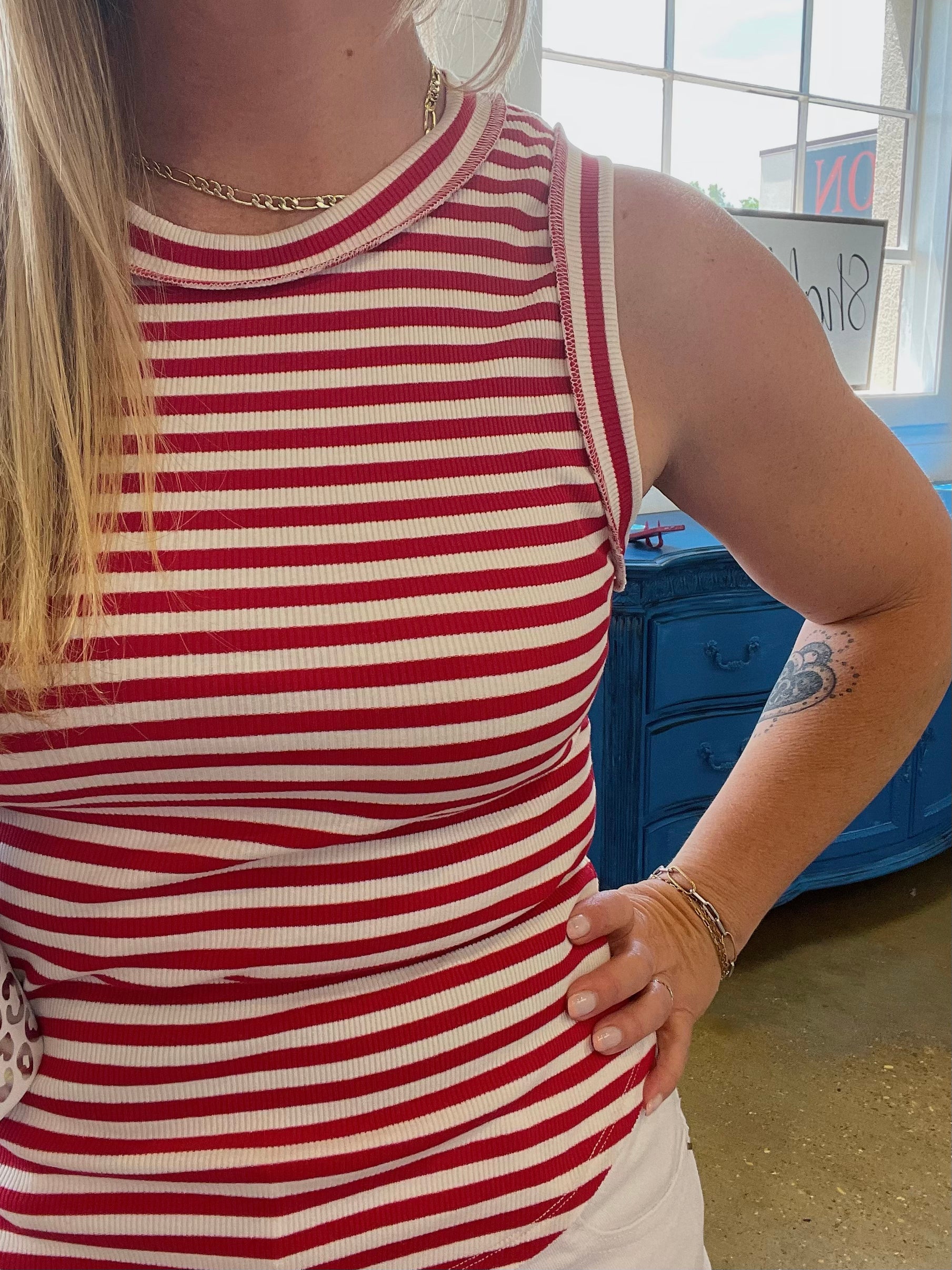 Blair Striped Ribbed Tank in Red